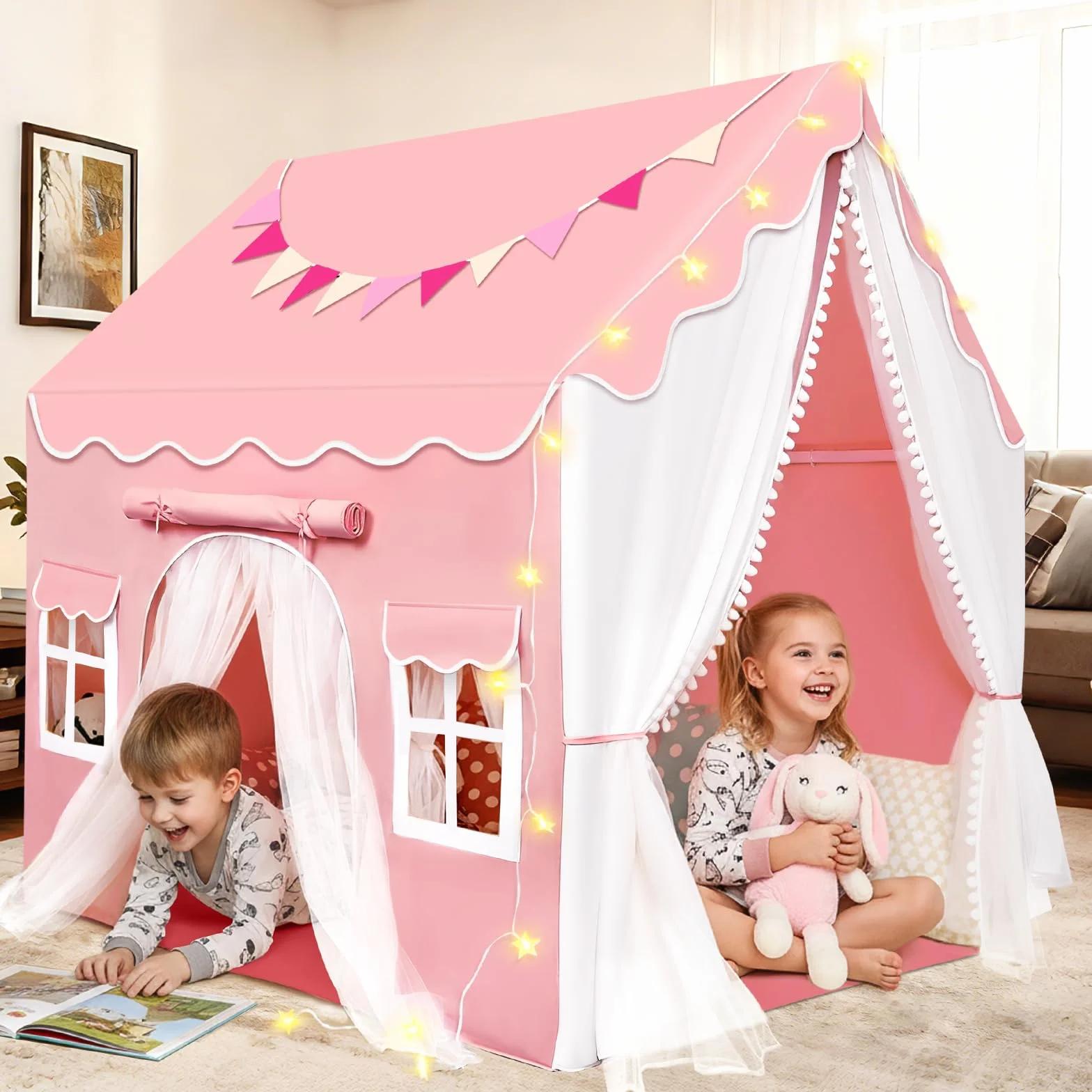 Tenda per Bambini Cameretta, Tenda da Gioco con 2 Porte per Interni Esterni con Luci LED e Bandierine, Rosa
