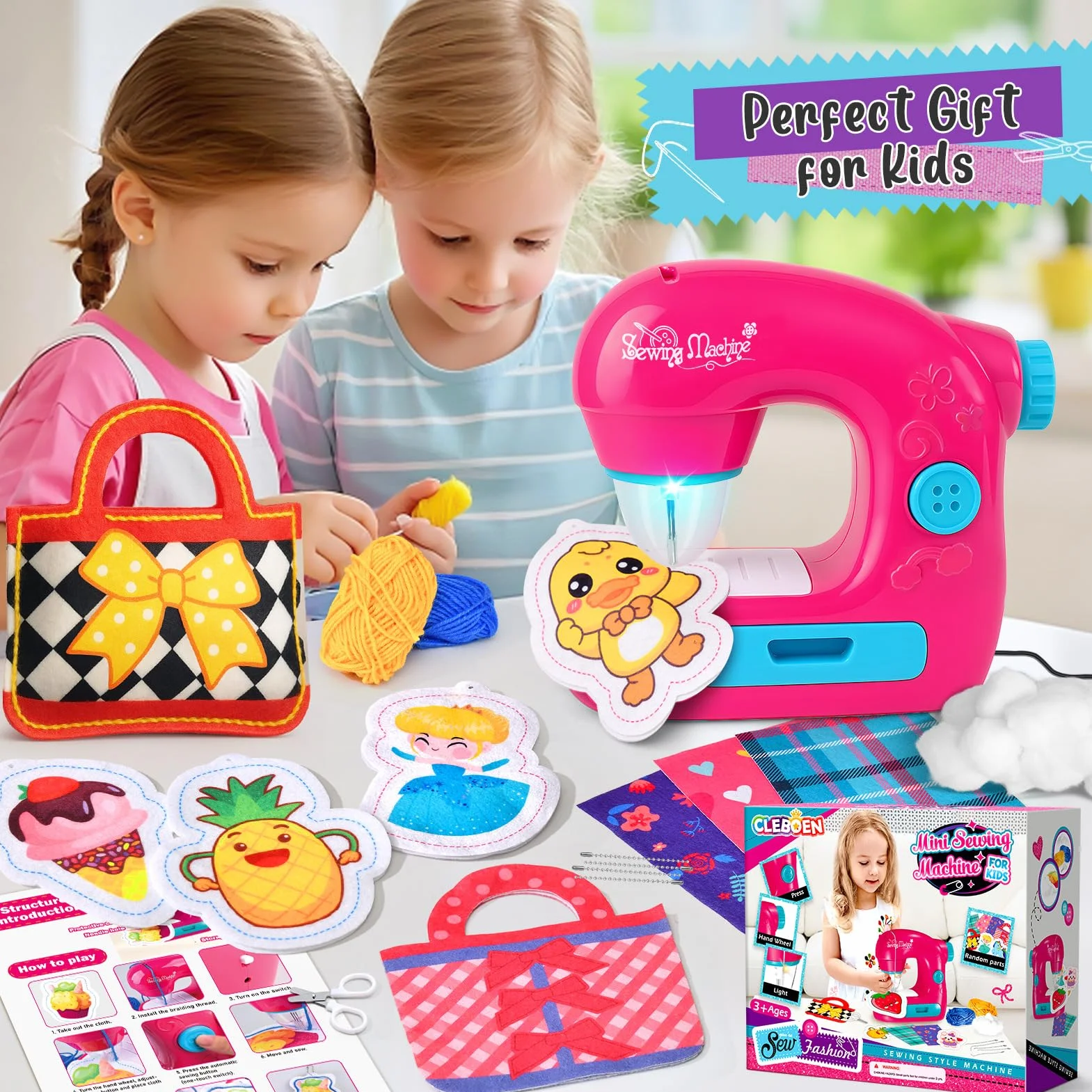 vamei Mini Macchina da Cucire Bambina, Sewing Machine Elettrica con Tessuti, Fili, Accessori Completi, Kit Cucito Bambini, Kit Lavoretti Creativi per Bambini, Regalo Bambina 3+ Anni