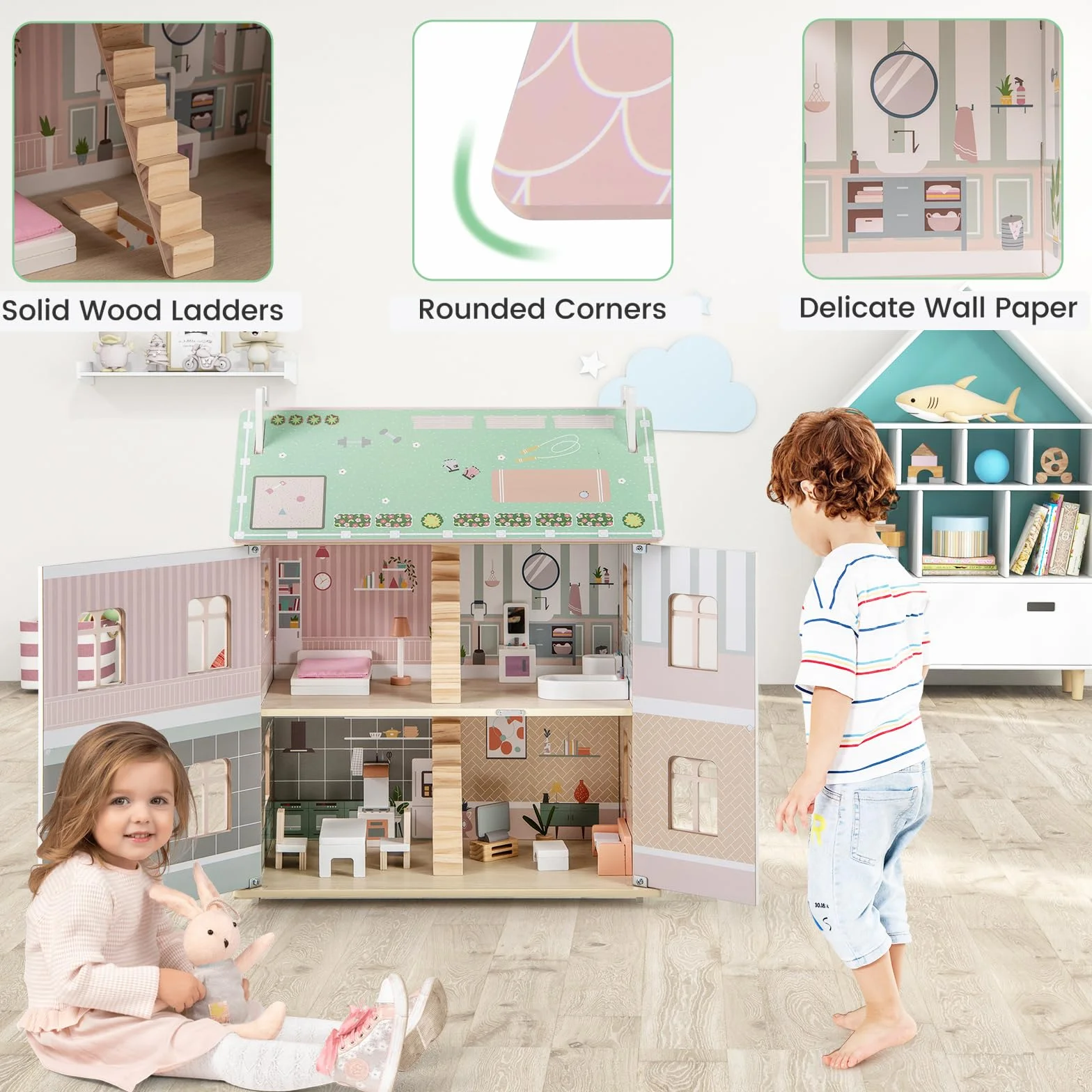 HOMASIS Casa delle Bambole per Bambini a 3 Piani, Casa da Sogno per Bambole in Legno con Mobili, Accessori, Tetti a Doppia Faccia, Villa delle Bambole di 3+ Anni, 55 x 33,5 x 66 cm, Rosa