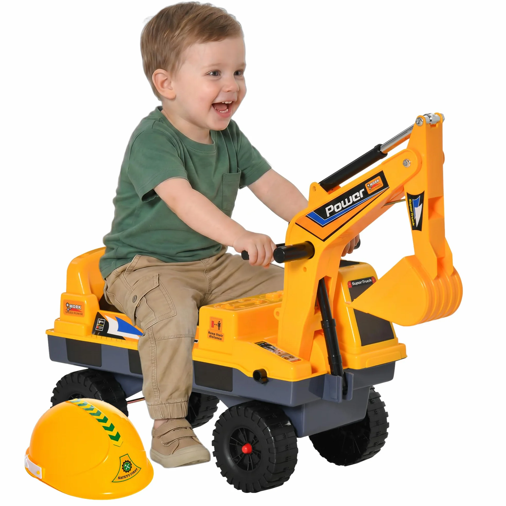 HOMCOM Ruspa Giocattolo 2 in 1 con Escavatore e Mordente, Vano Nascosto, Gioco Cavalcabile Bambini 2-3 Anni, 90x28x58cm, Giallo