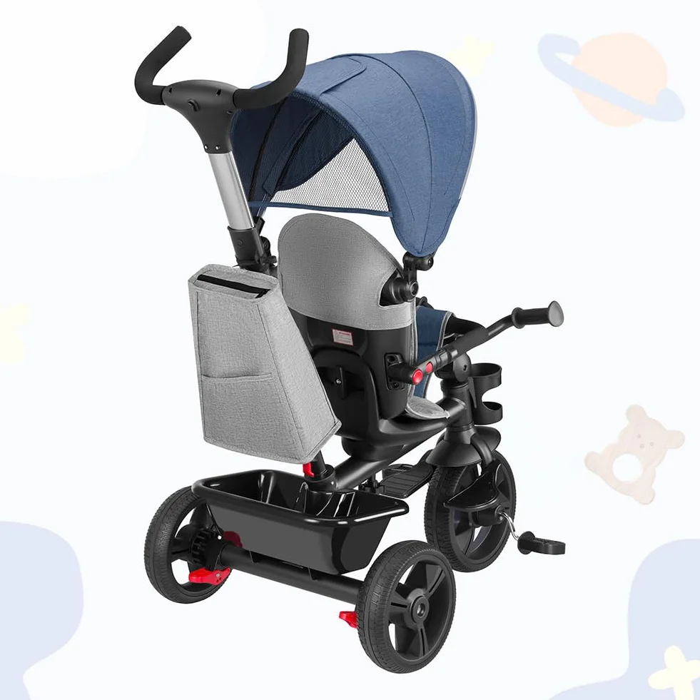 BAKAJI Triciclo Passeggino 4 in 1 per Bambini, Pedali o Manico Antiscivolo Ergonomico per Spinta, Sediolino Imbottito, Cinture di Sicurezza, Asta Direzionabile, Tettuccio Cappottino Parasole (Blu)
