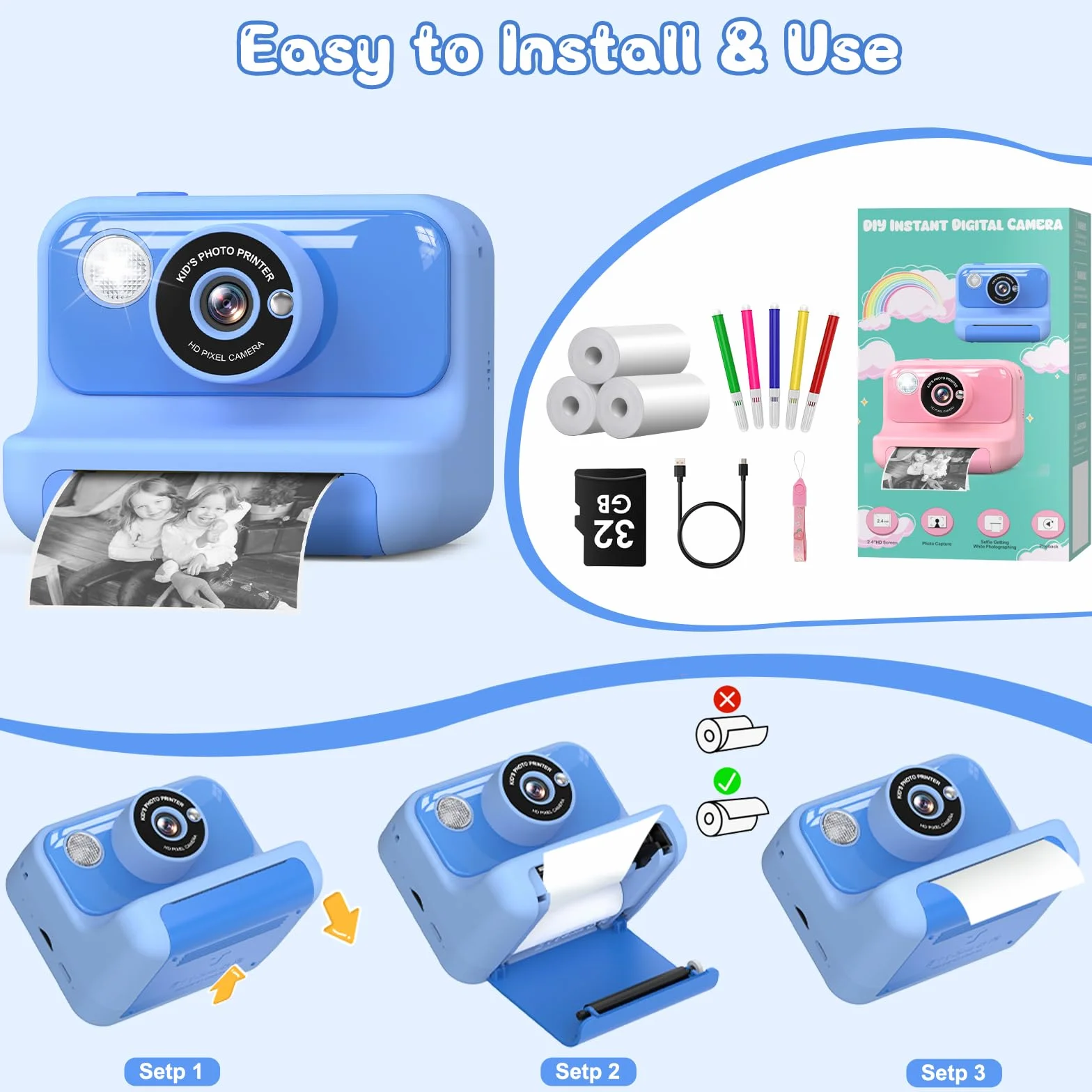 Hangrui Macchina Fotografica Bambini Istantanea, 2,4 Pollici Fotocamera Istantanea Bambini con 32G Scheda,20MP/1080P Fotocamera Digitale,Giocattolo Regalo per Ragazze Ragazzi dai 3-10 Anni-Blu