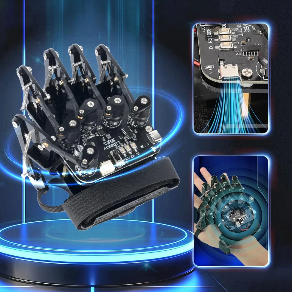 Guanto wireless ESP32 con rilevamento del movimento, supporta Arduino, ACECode e Python, kit robot fai da te, mano meccanica, giocattolo STEM, braccio a cinque dita per codificare, kit robot