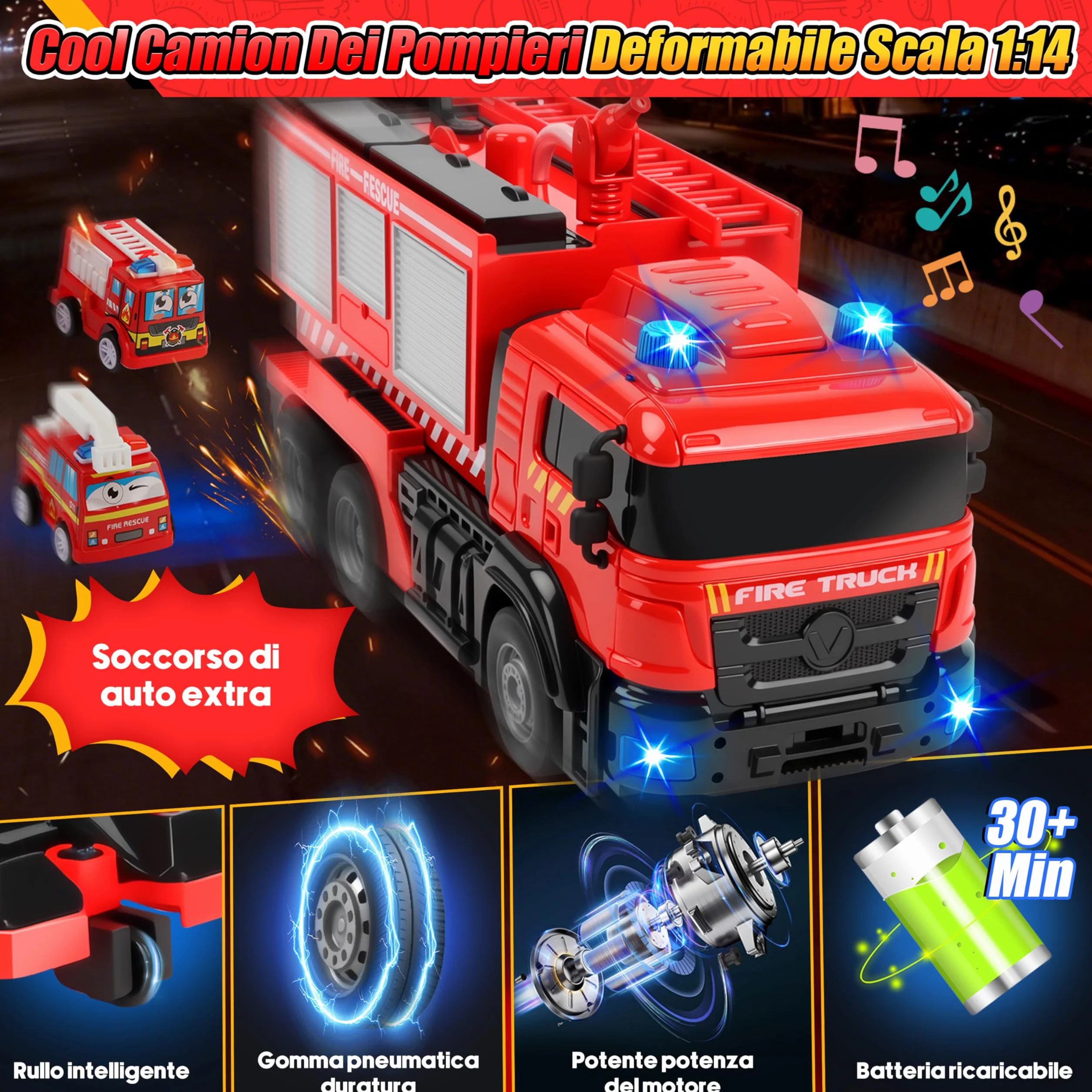 Charmofun Camion Pompieri Giocattolo Telecomandato, Autopompa Vigili del Fuoco con Luci e Suoni, Pompiere Giocattoli con Irrigatore, Trasforma Robot e Macchina Telecomandata, Regalo Bambini