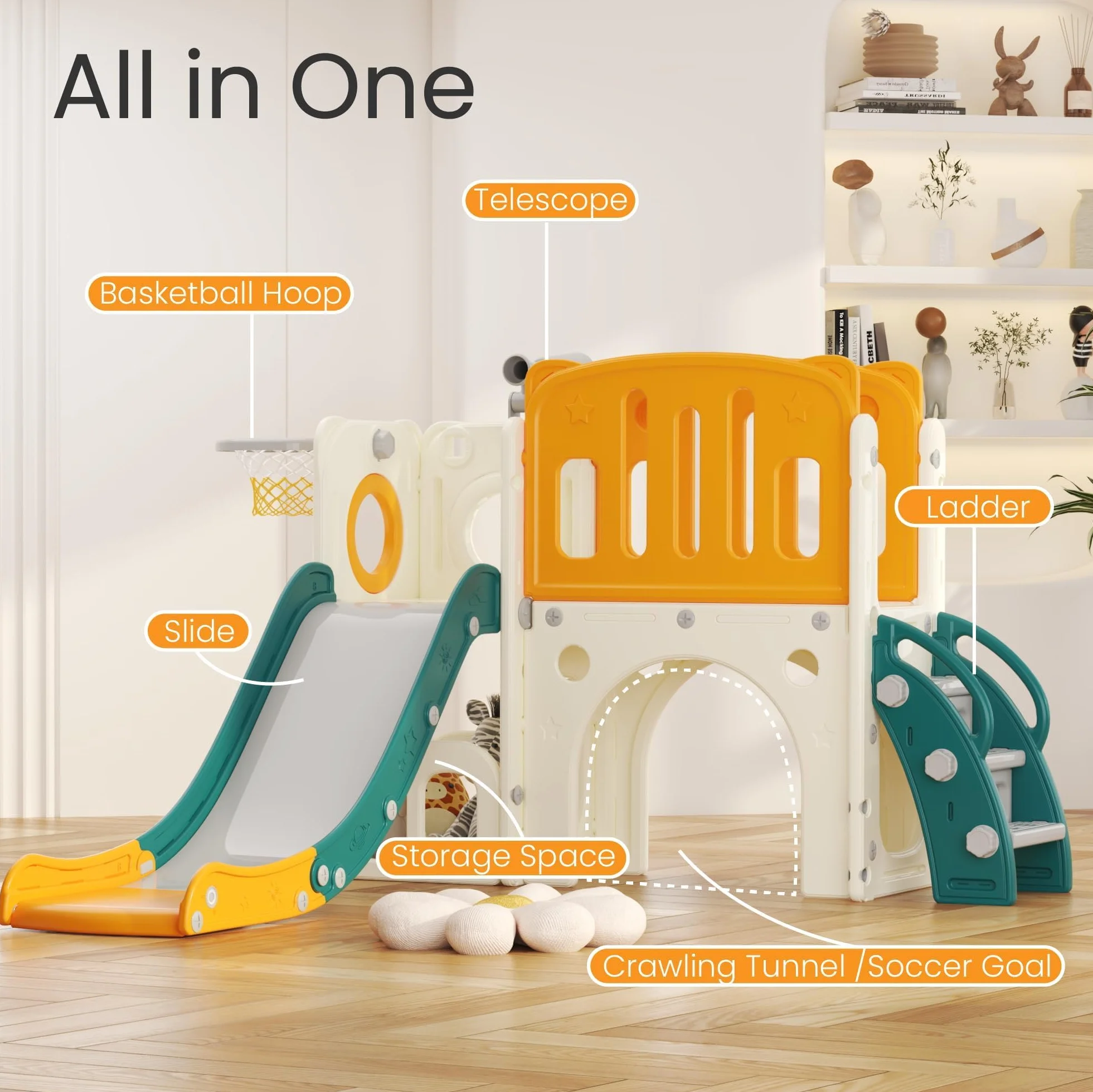 Scivolo per Bambini con Scala da Arrampicata, Canestro da Basket e Tunnel, Set di Scivolo in Plastica per Interni per Bambini, Giochi Montessori per Parco Giochi, Verde