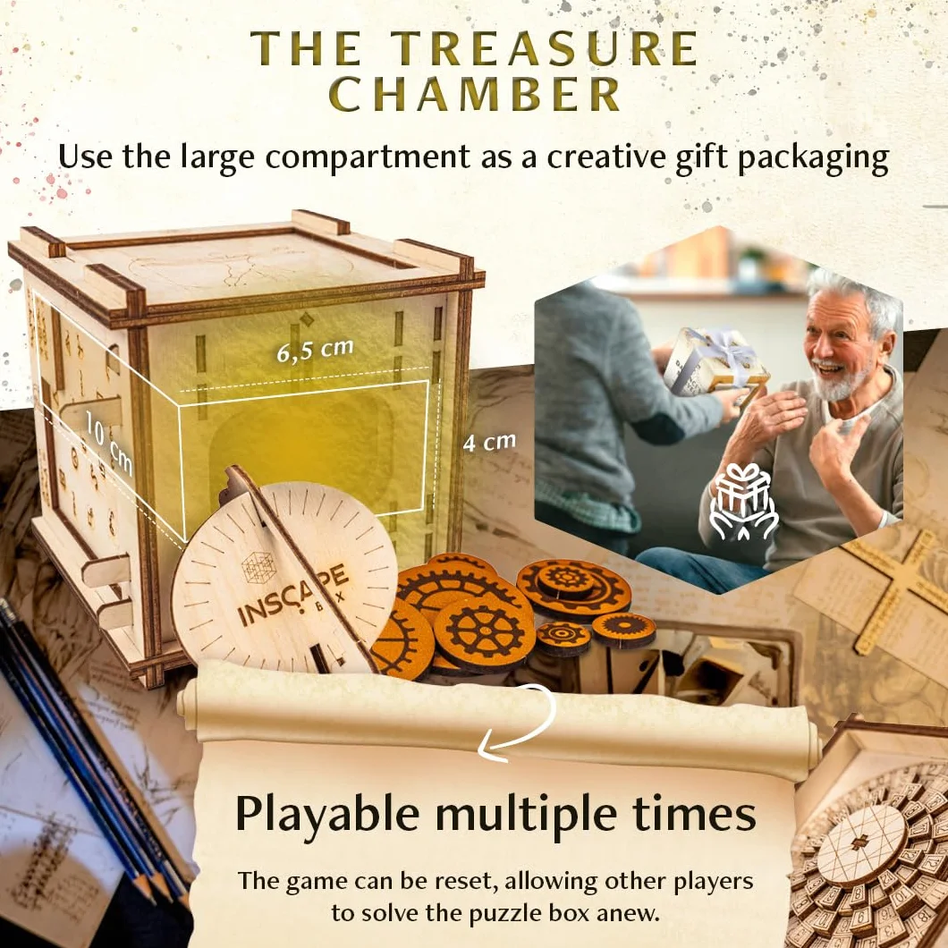 INSCAPE Da Vinci's Marvel – Scatola puzzle in legno – Puzzle Box – Escape Room gioco per adulti e bambini – Giochi di aglio per adulti – Puzzle in legno 3D – Cluebox – Giochi di pensiero – Jigsaw