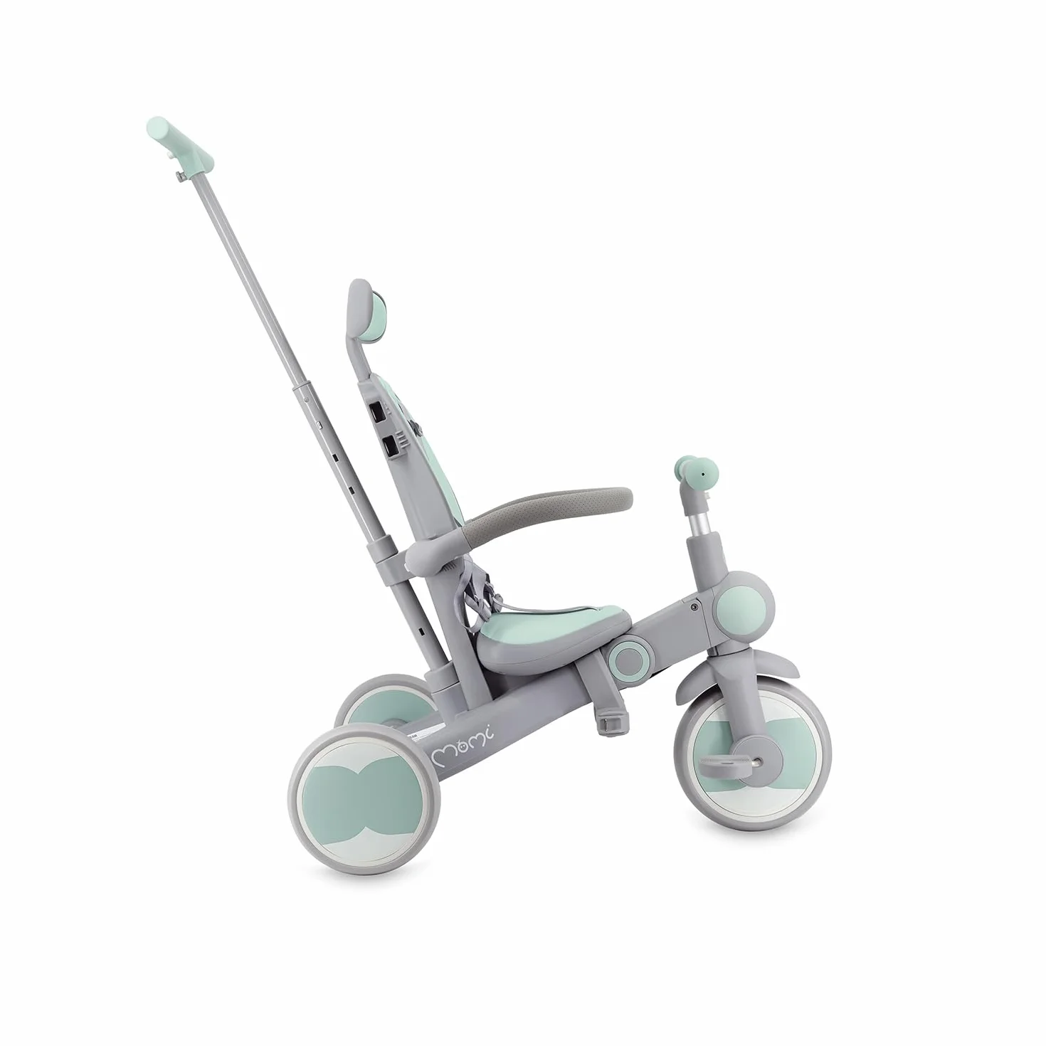 Triciclo per bambini MoMi 4in1 SOLIVIA con manubrio telescopico, cinture di sicurezza a 5 punti, per bambini a partire da 12 mesi, con capottina parasole, ruote in PU, borsa e portabicchiere