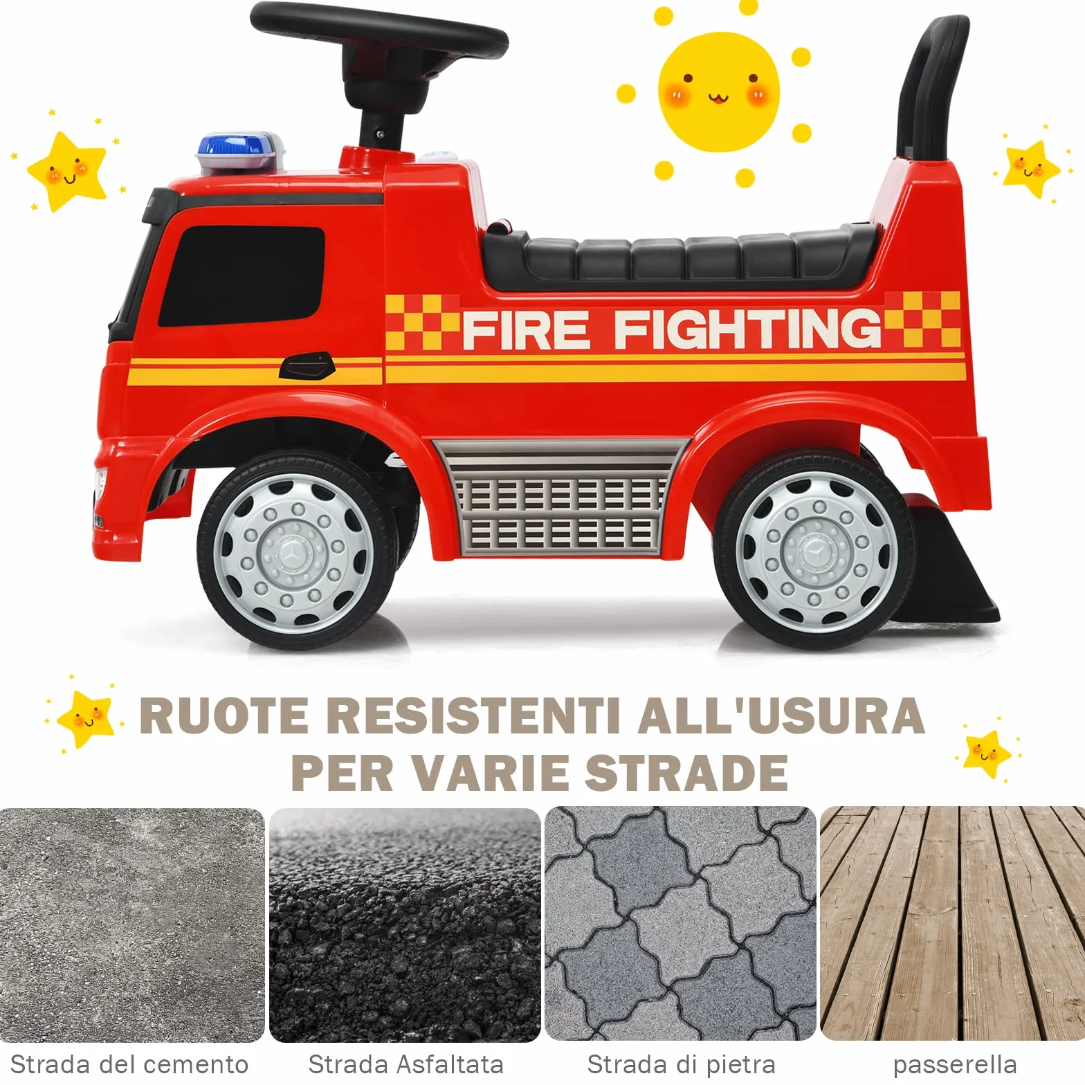 COSTWAY Camion dei Pompieri per Bambini, Macchinina Cavalcabile per Bambini, con Volante, Schienale, Macchina Cavalcabile con Piedi a Terra, Rosso