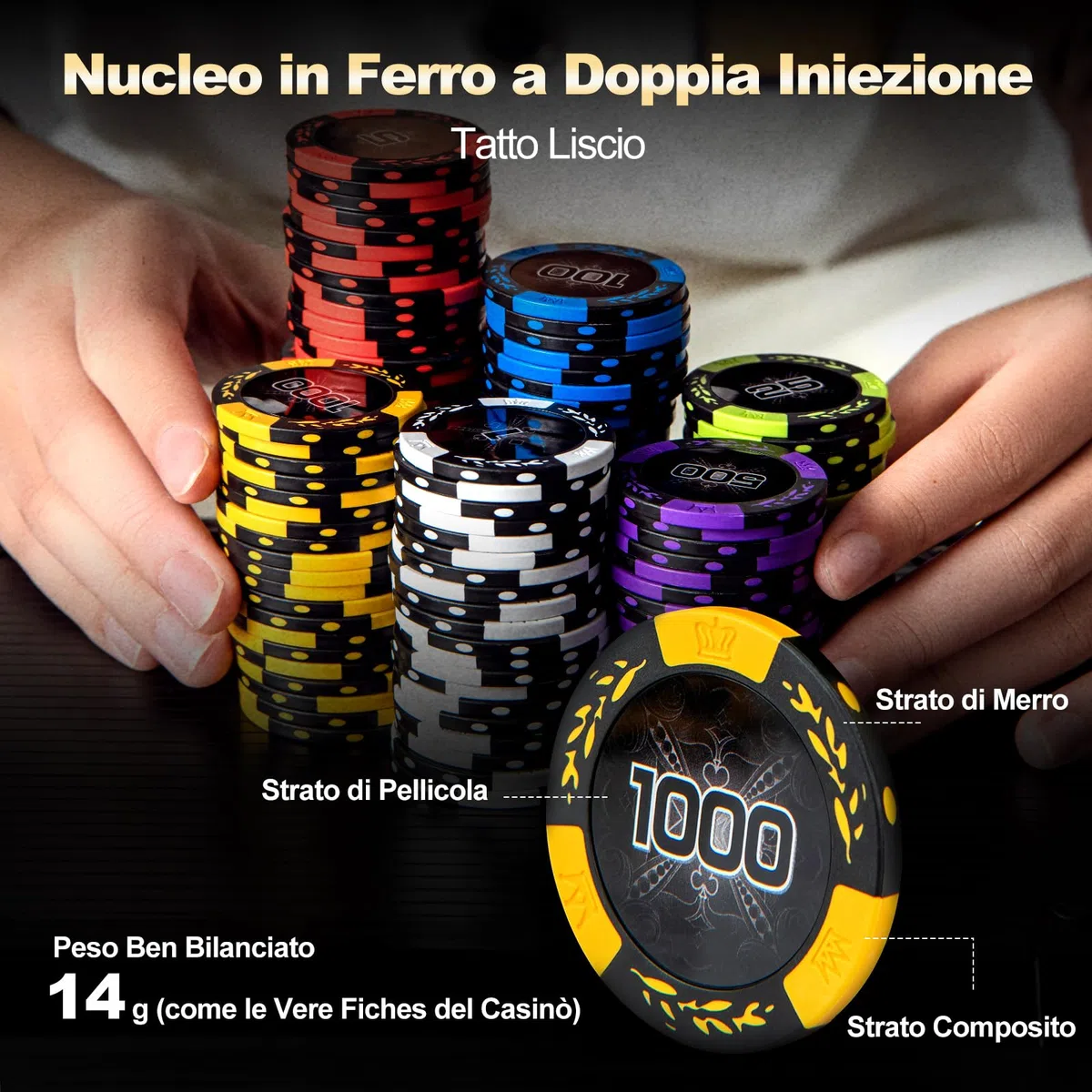 COSTWAY Poker Chips, Set di Fiches da Poker con 500/300 Chips e Custodia in Alluminio, Mazzo di Carte 5 Dadi, Set di Fiches per Party Viaggi e Feste (500 chips)