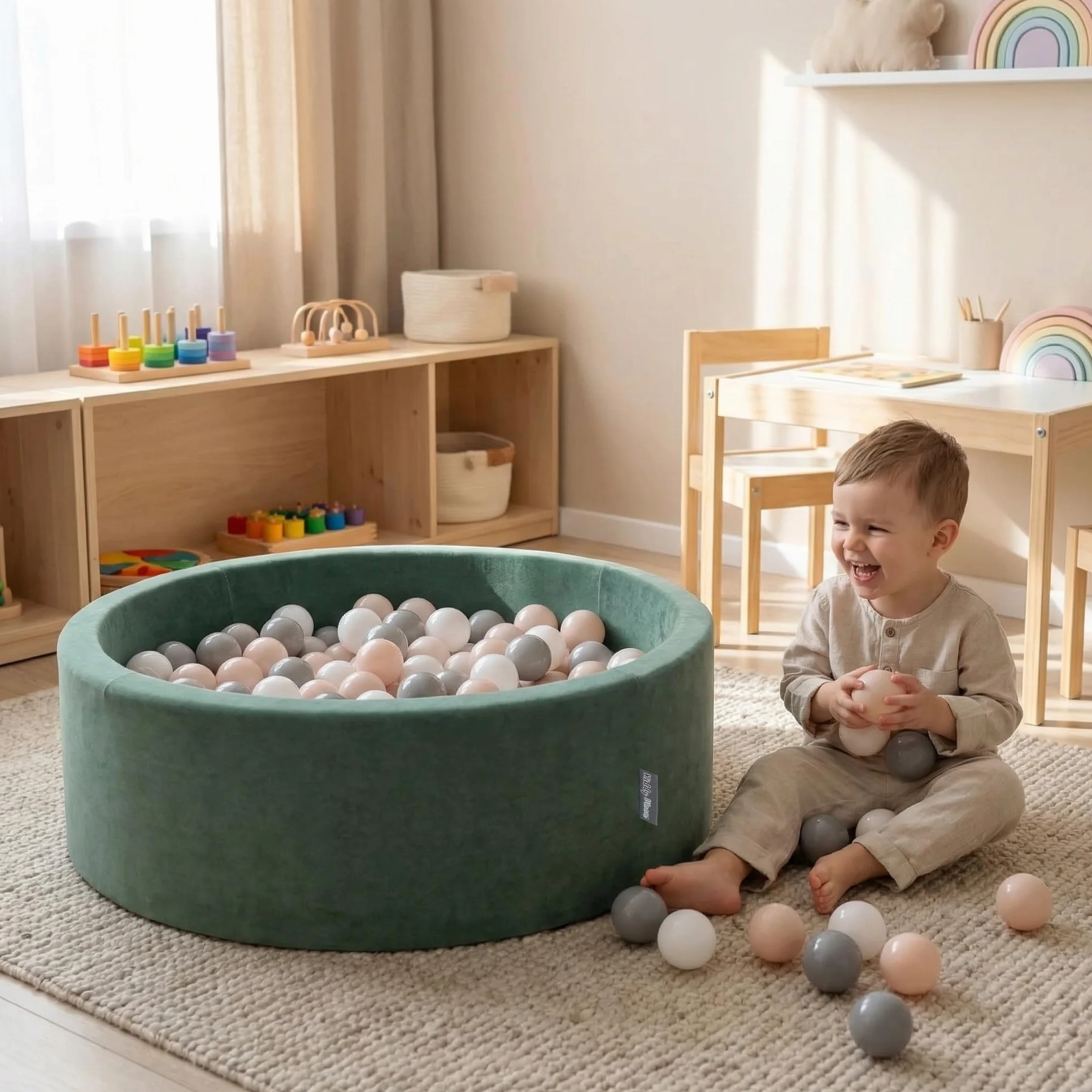KiddyMoon Velluto Piscina di Palline 90X30cm/300 Palline ∅ 7CM per Bambini Tondo Fabbricato in EU, Velluto Verde: Beige Pastello/Salmone/Bianco