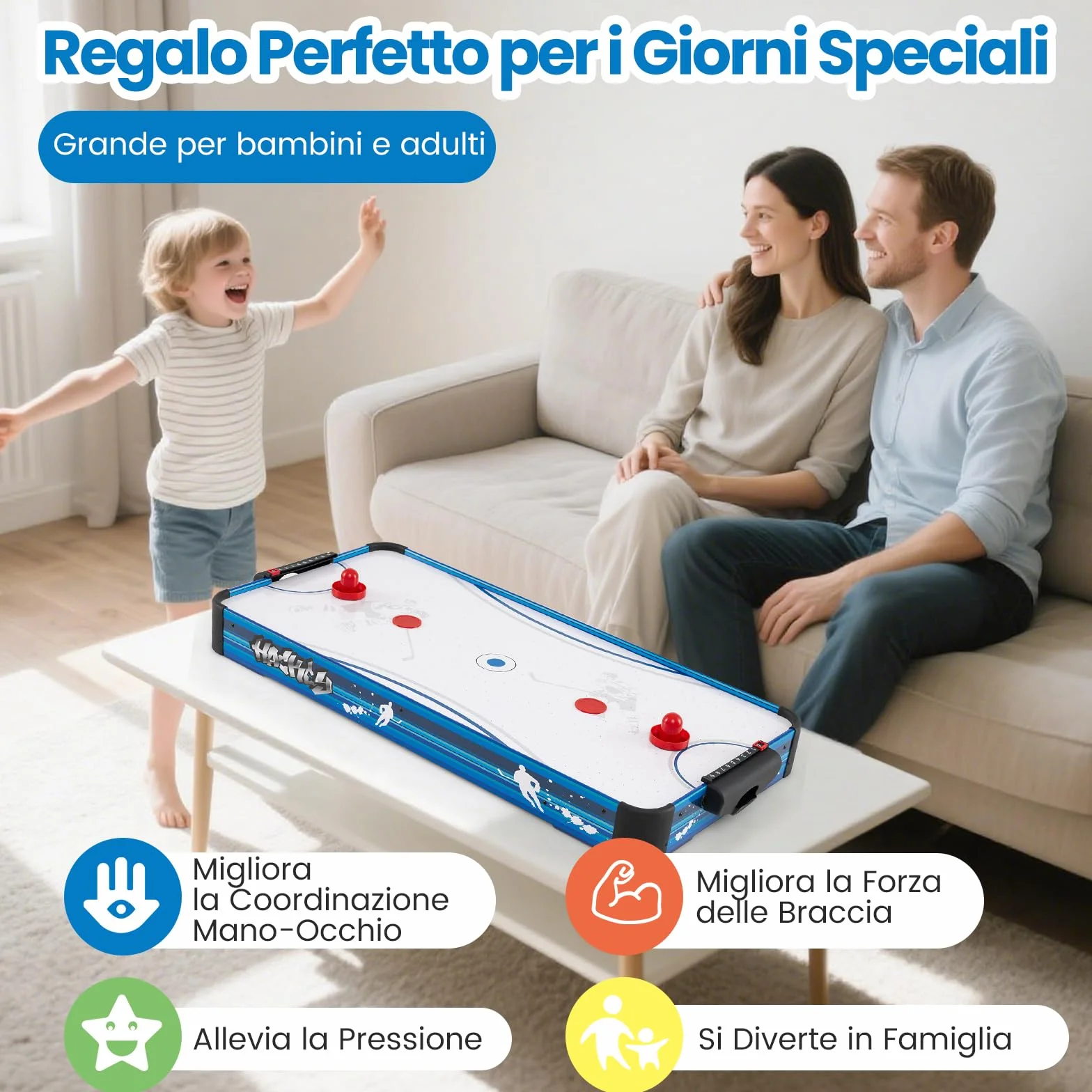 COSTWAY Tavolo da Air Hockey, con 12V Motore Elettrico Potente, 2 Dischi e 2 Spintori, Air Hockey da Tavolo per Sala Giochi Casa Ufficio, 108x50,5x10 cm
