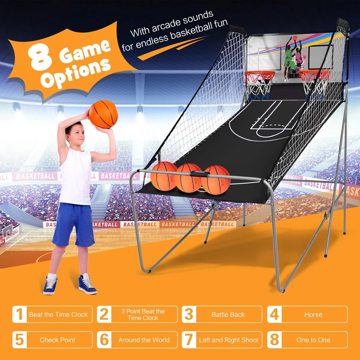 LIFEZEAL Gioco Arcade di Pallacanestro pieghevole, doppio cestino da Basket con 8 modalità di gioco e contatore per 2 persone, rete di sicurezza, telaio in metallo, 4 palloncini, 1 pompa (B)