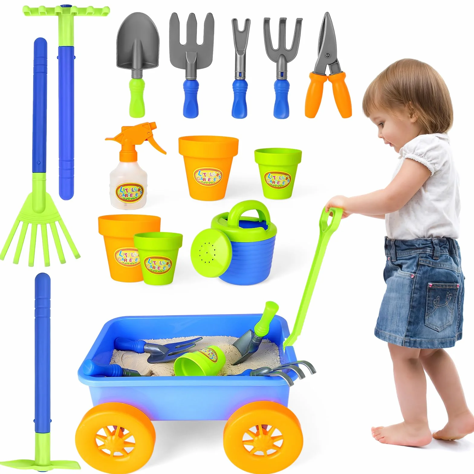 deAO Carriola e attrezzi da giardinaggio per bambini, include 10 accessori e 4 vasi per piante