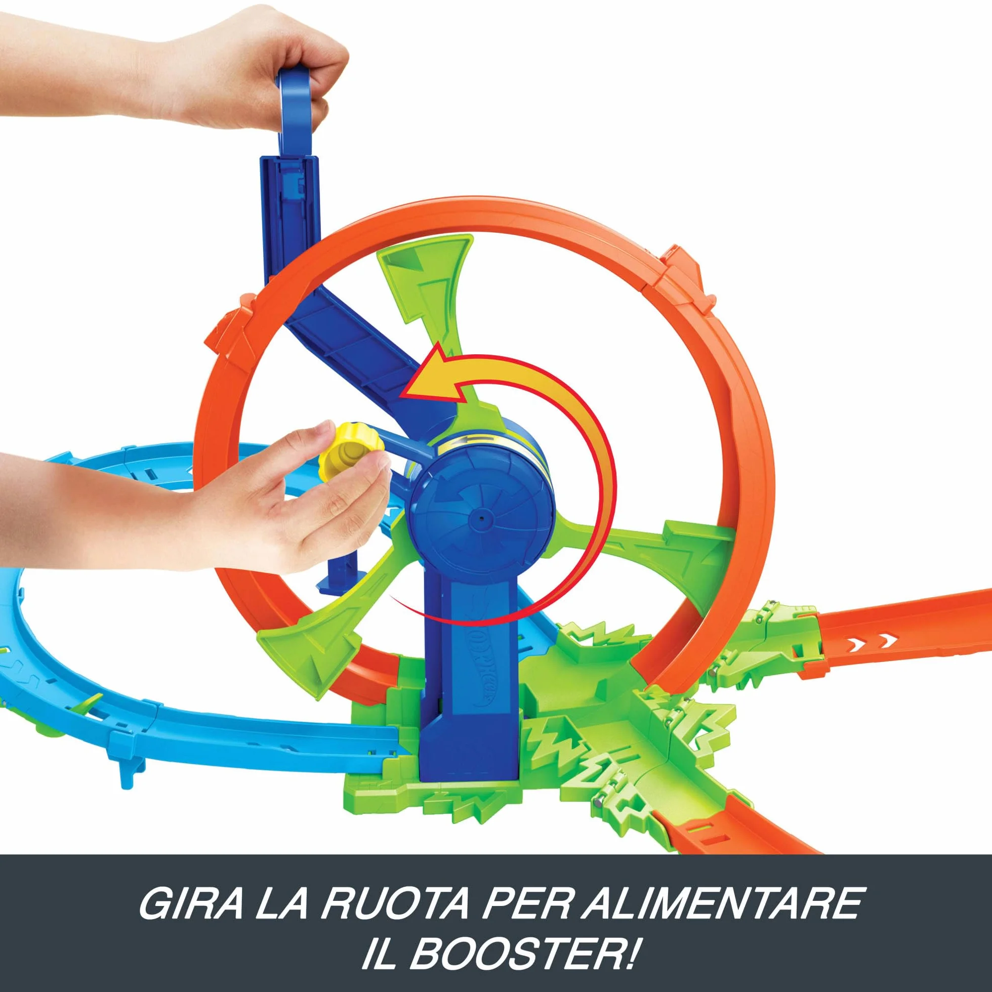 Hot Wheels - Pista Loop Rotante, playset con zona scontro su pista a forma di 8 e loop a propulsione, include una macchinina in scala 1:64, giocattolo per bambini, 3+ anni, JBX65