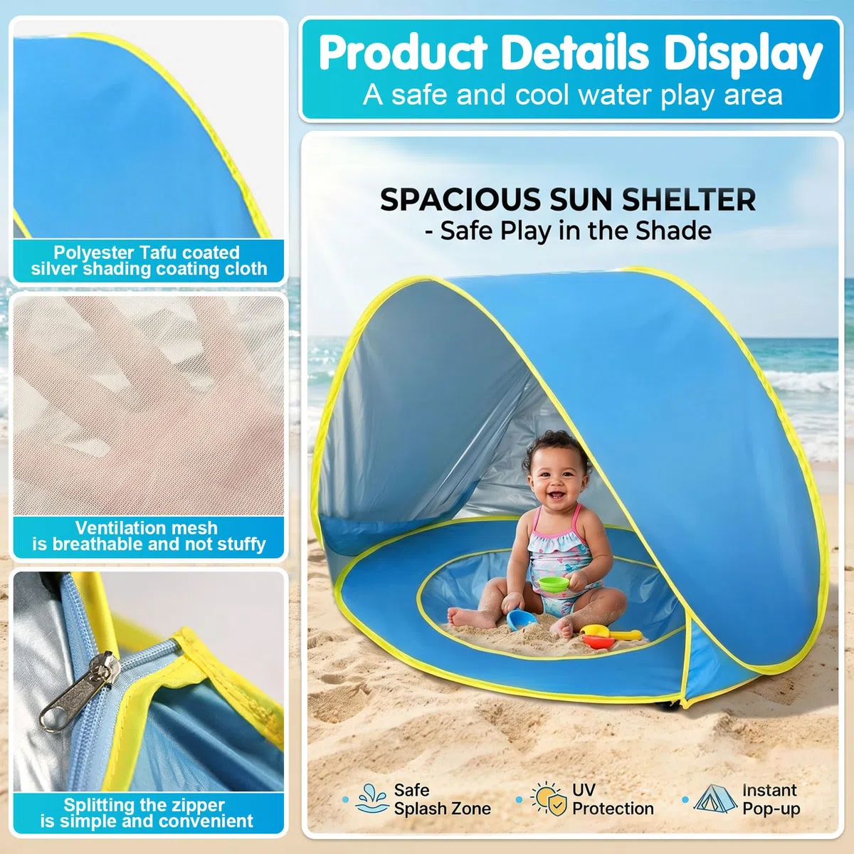 Tenda da Spiaggia Baby Pop Up Anti UV UPF 50+ con Mini Piscina Separabile Portatile per Bambini Blu