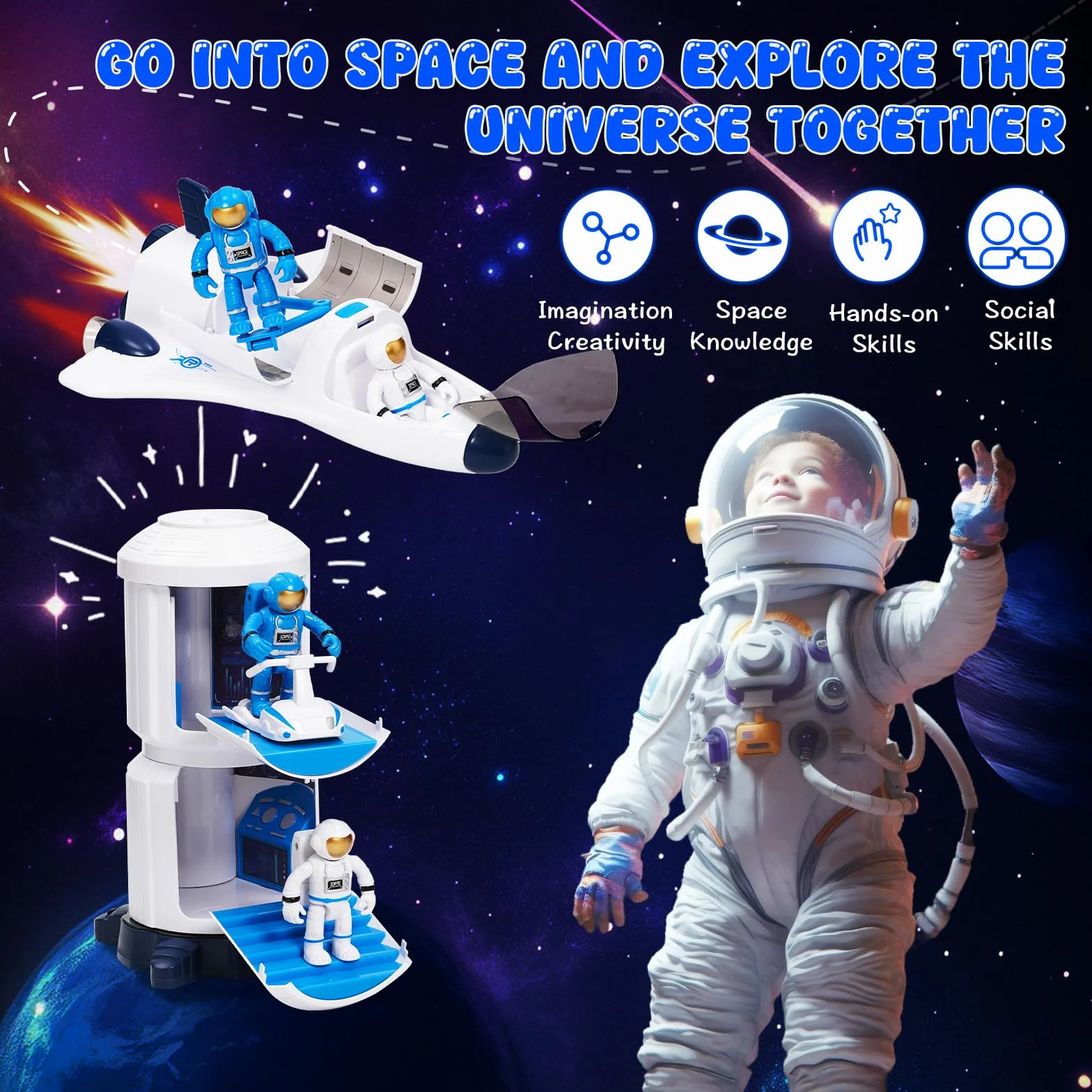 Space Shuttle Racket giocattolo per bambini, giocattolo spaziale con effetti di luce e suono, con stazione spaziale, Space Shuttle, Space Rove e astronauti, regalo per bambini