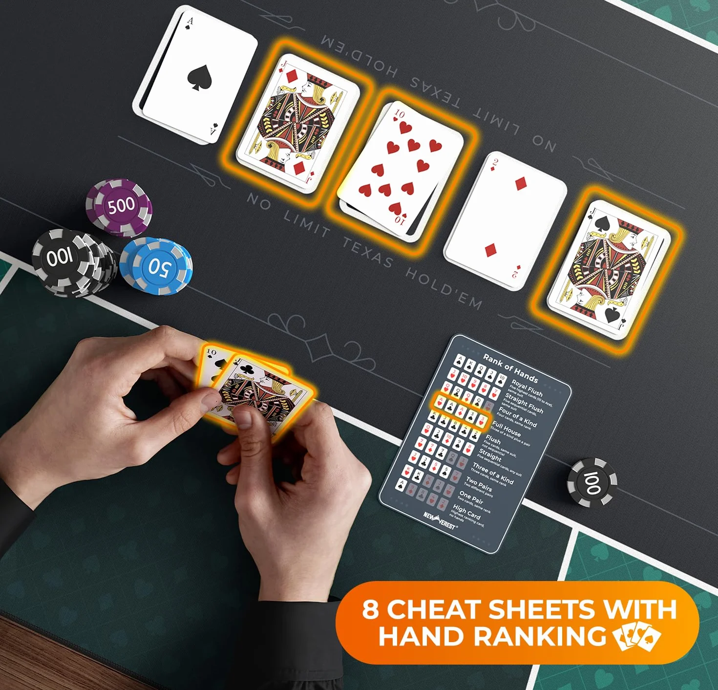 Newverest Tappetino da Poker 178 × 89 cm, Texas Hold’em Per Le Tue Serate Di Gioco, Fino a 10 Giocatori, Casino e Blackjack, Borsa con Cerniera Resistente, 8 Sottobicchieri, Scatola Regalo