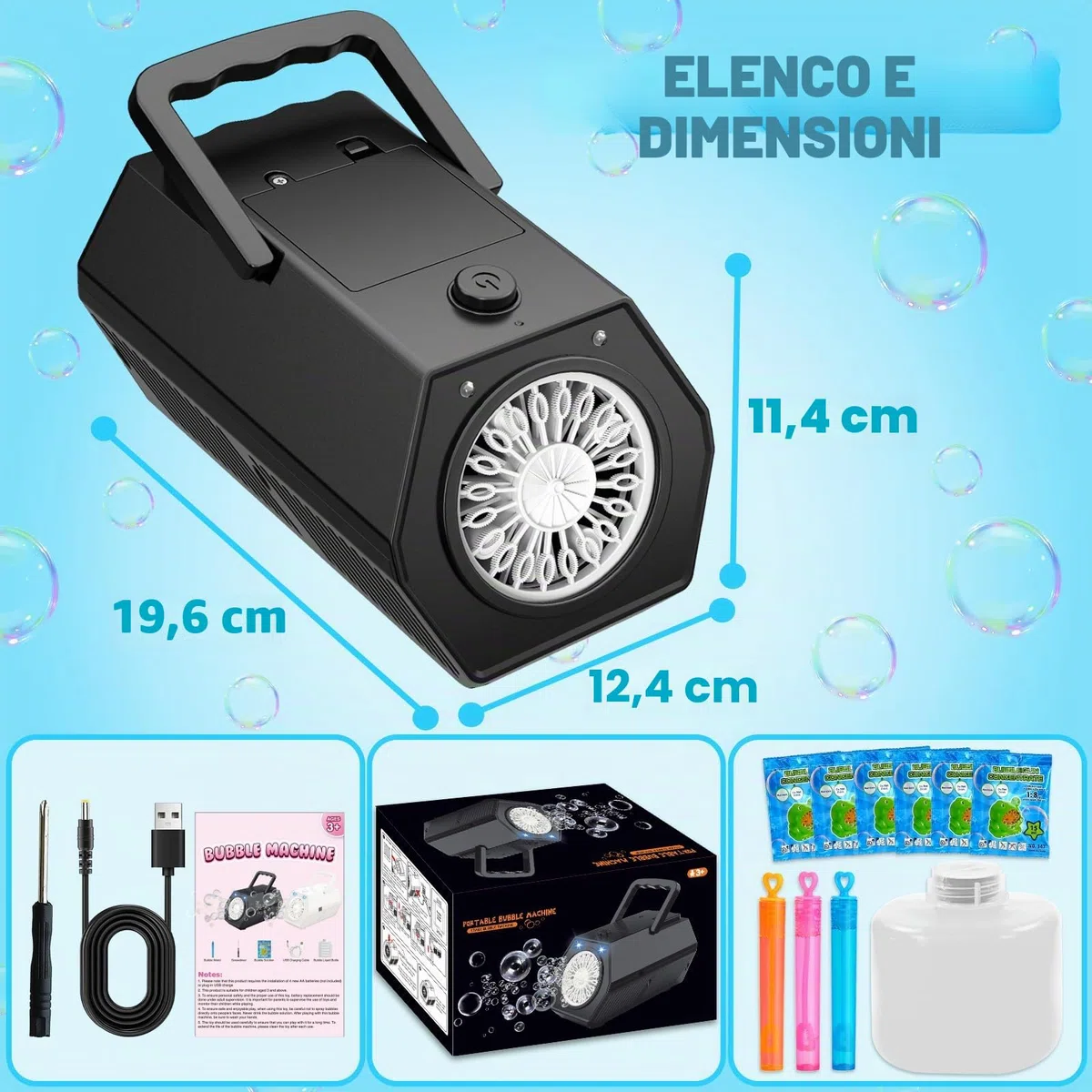 Macchina Bolle di Sapone, Spara Bolle di Sapone Automatico, 18000+ Bolle al Minuto, 2 Velocità, Giochi da Esterno per Bambini, Gadget Compleanno Bambin Matrimonio (Nero)