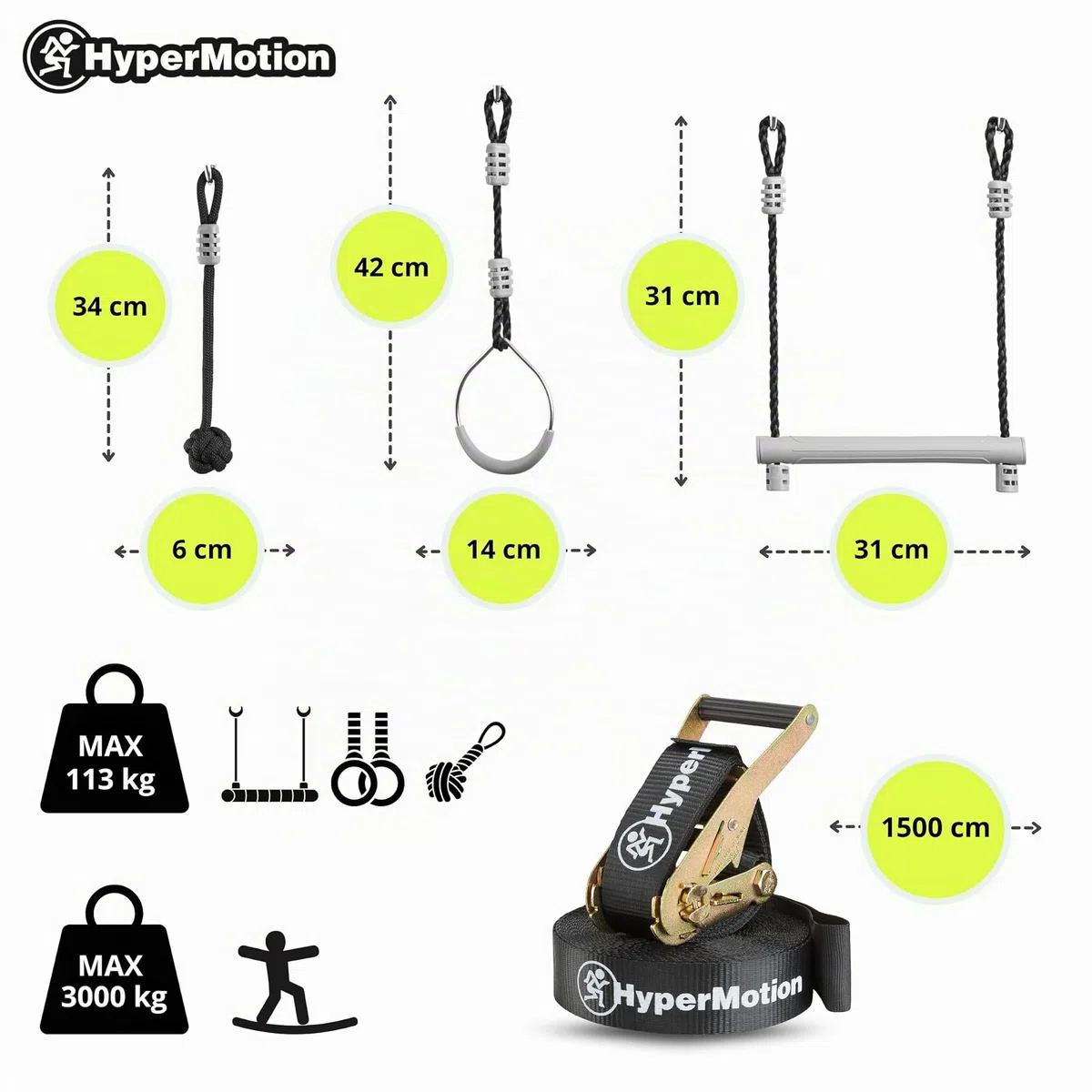 HyperMotion Percorso Ostacoli Bambini Ninja 7 Elementi Set Slackline 15m Aste Ruote Pugni di Scimmia Kit Allenamento Giardino Arrampicata Equilibrio Portata 113 kg