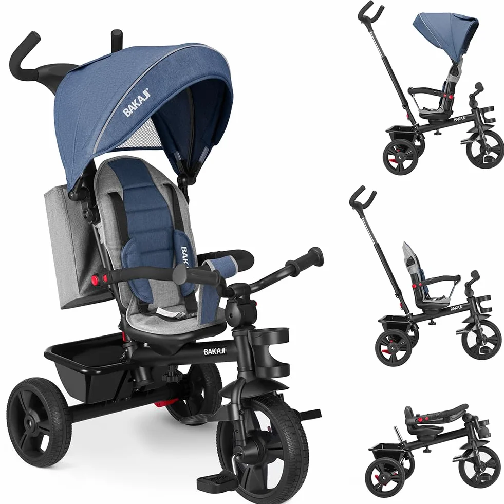 BAKAJI Triciclo Passeggino 4 in 1 per Bambini, Pedali o Manico Antiscivolo Ergonomico per Spinta, Sediolino Imbottito, Cinture di Sicurezza, Asta Direzionabile, Tettuccio Cappottino Parasole (Blu)