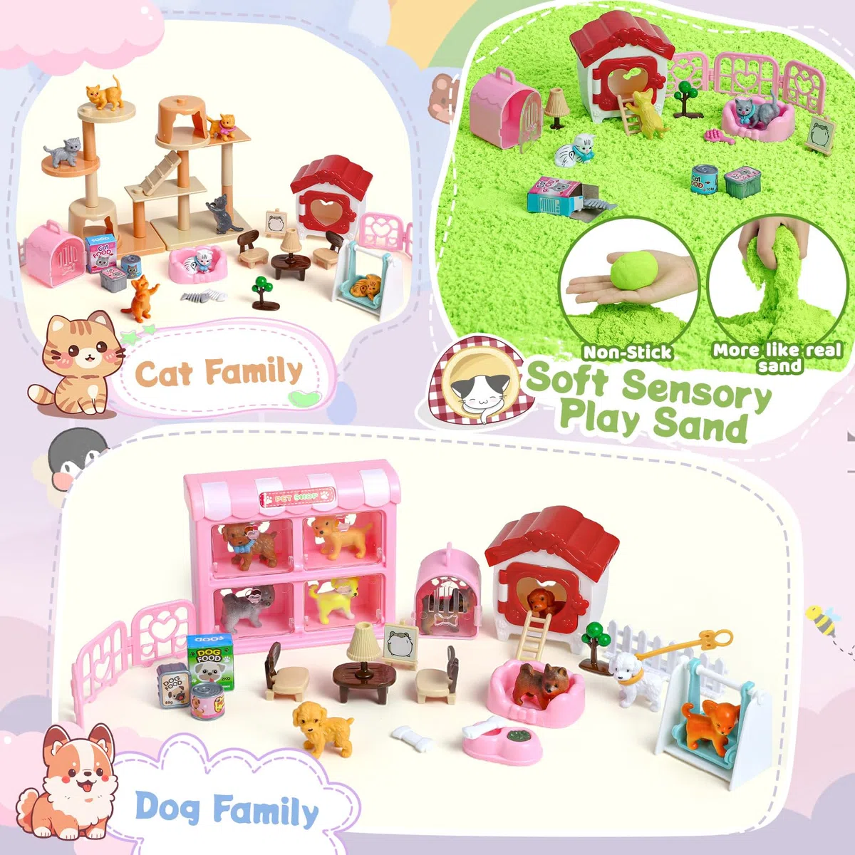 KNASON Sabbia Giocattolo Bambini per Cani e Gatti,Sabbia Magica Giocattolo con Morbida Sand Sensoriale e 8 Figurine di Animali,Regalo di Compleanno per Bambini di 3 4 5 6 7 8 Anni