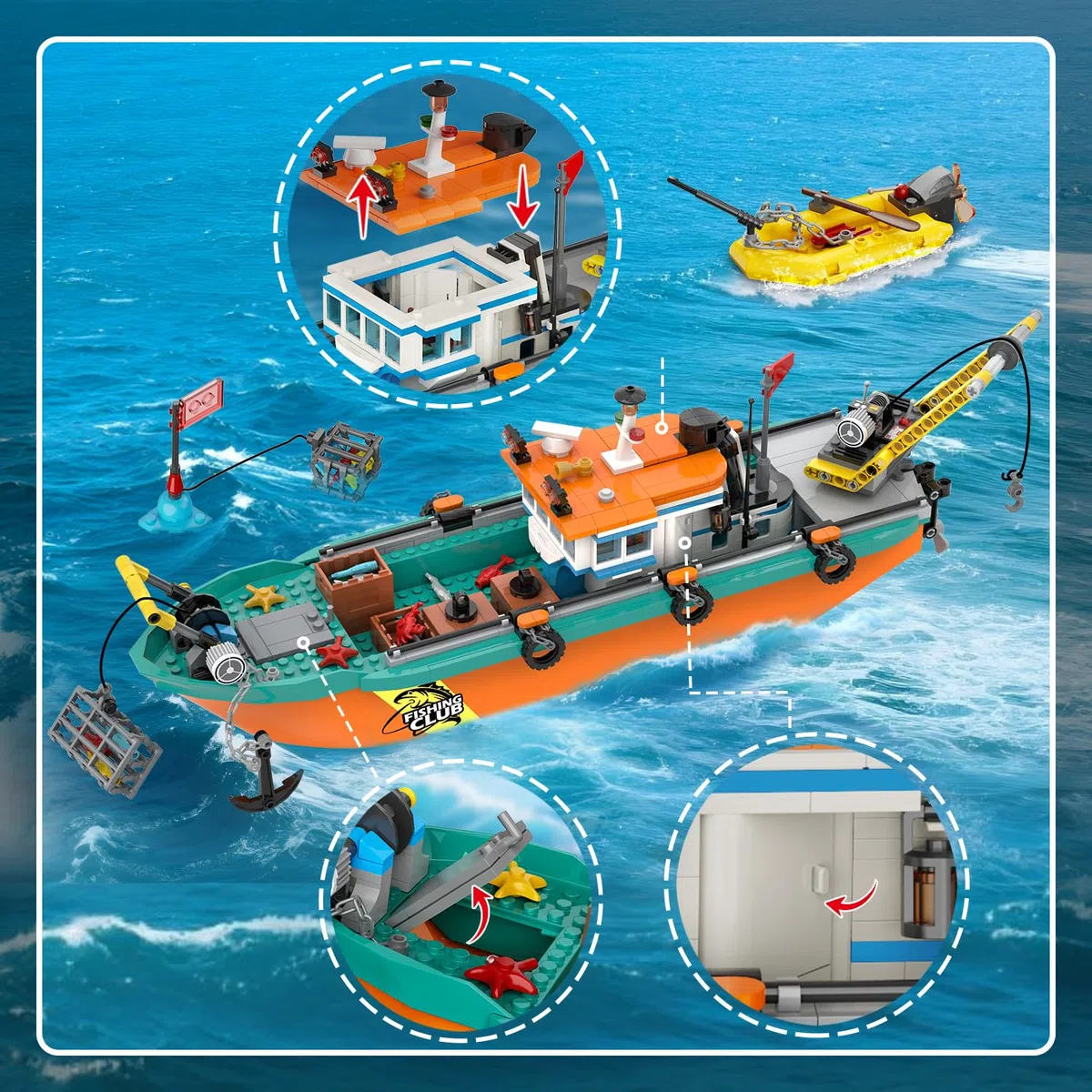 HiWEEGO Città barca da pesca cantiere navale – kit costruzione galleggiante oceano gru container, giocattolo regalo compleanno 6 7 8+