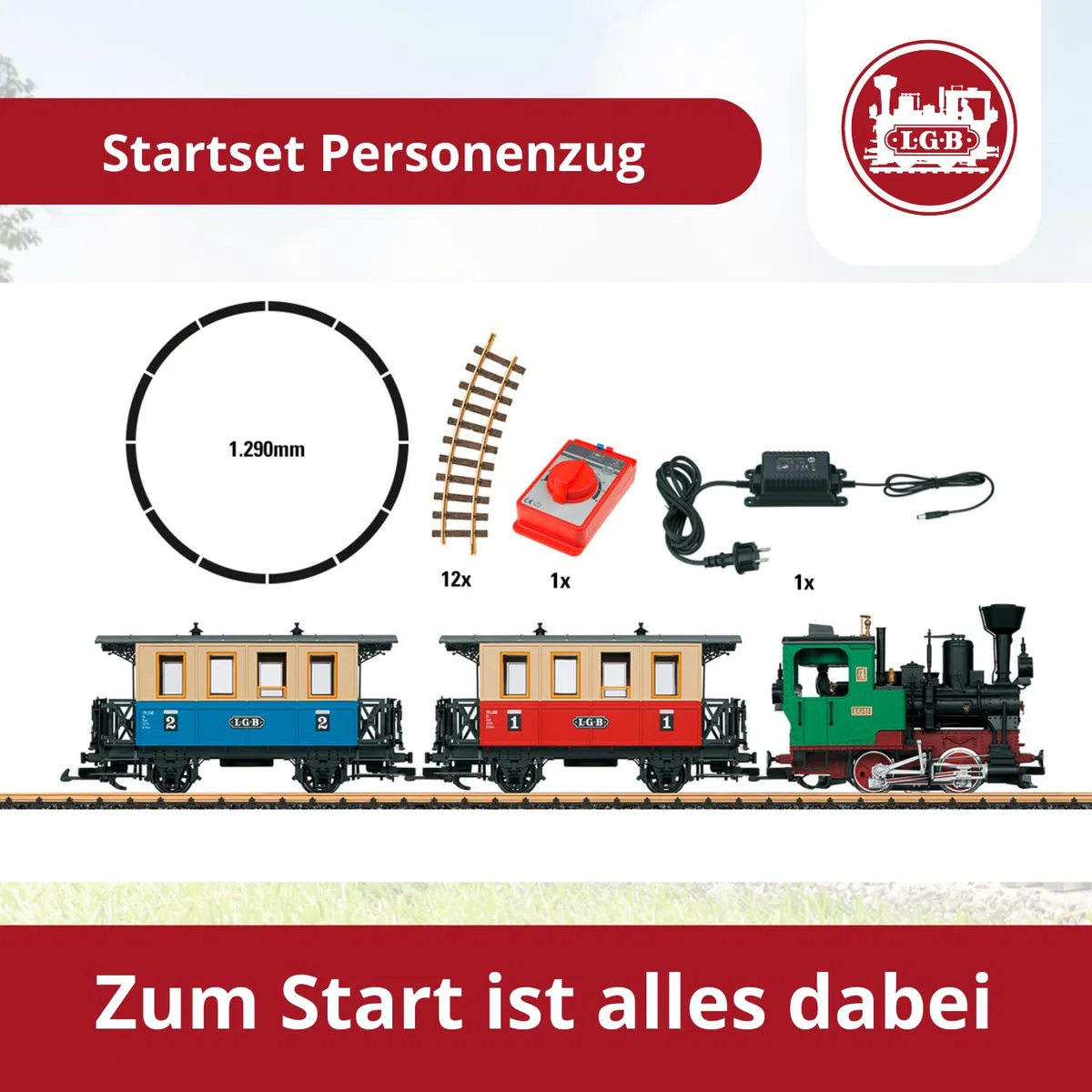 LGB 70307 - Set per treno passeggeri – L70307, con locomotiva e due carri, ferrovia all'aperto, traccia G, 85 x 12 x 16 cm