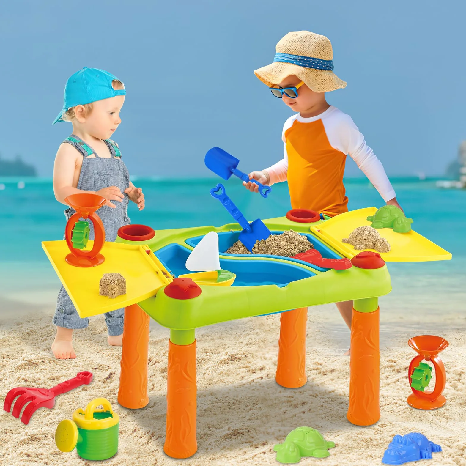 deAO Tavolo da Sabbia e Acqua per Bambini, Giochi da Sabbiera Esterno e Giardino con accessori, Sicurezza e Creatività, Ideale per Spiaggia e Cas