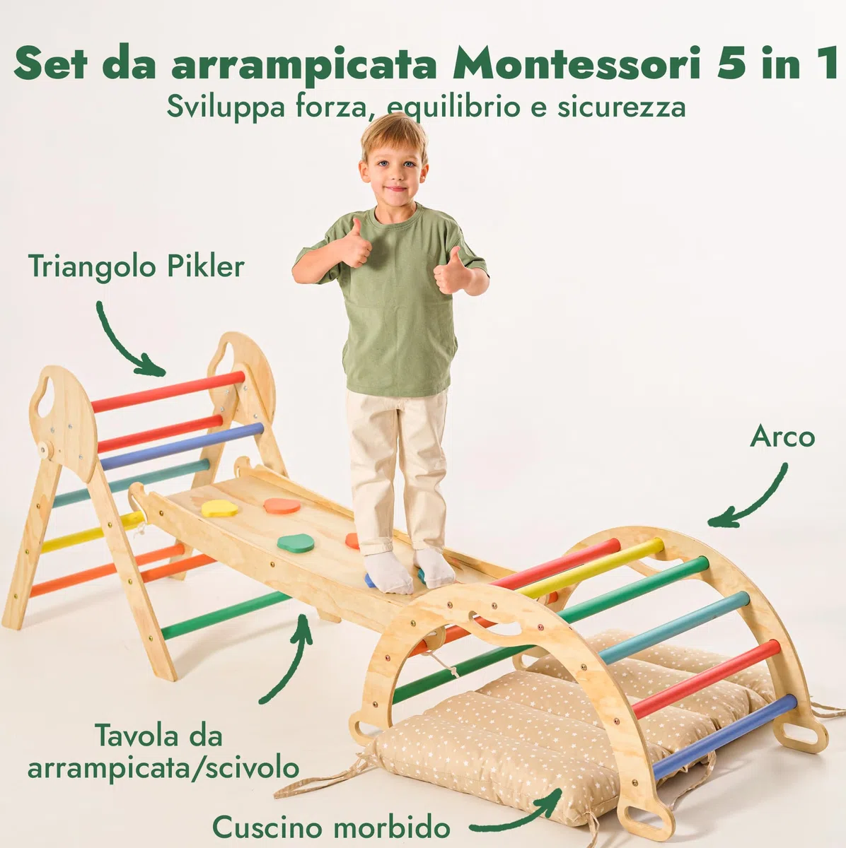 Set Montessori 5-in-1 per arrampicata: triangolo da arrampicata, arco con cuscino e scivolo per bambini 1-3 anni