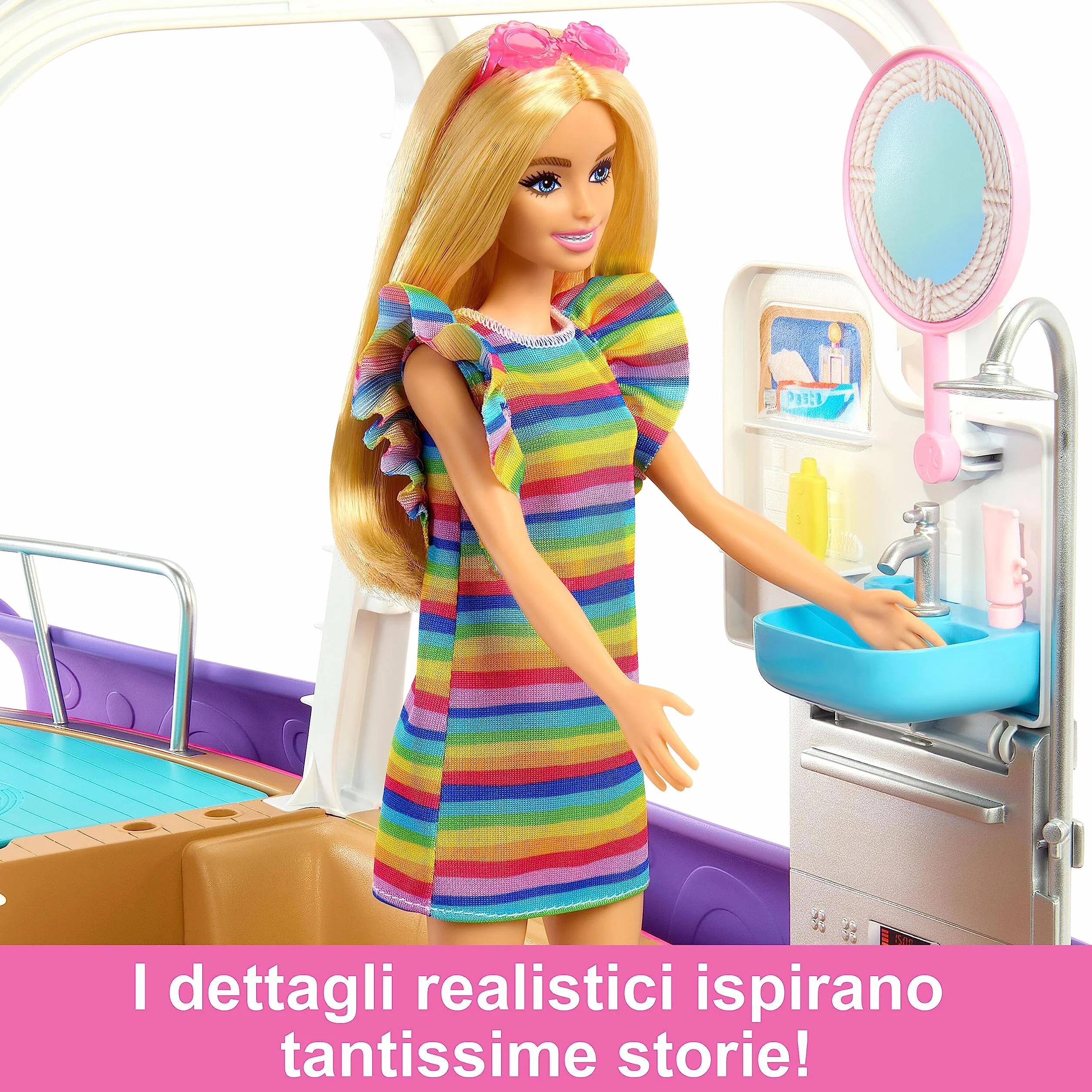 Barbie - Barca dei Sogni, Playset con piscina, scivolo, un delfino e 20+ accessori, giocattolo per bambini, 3+ anni, HJV37