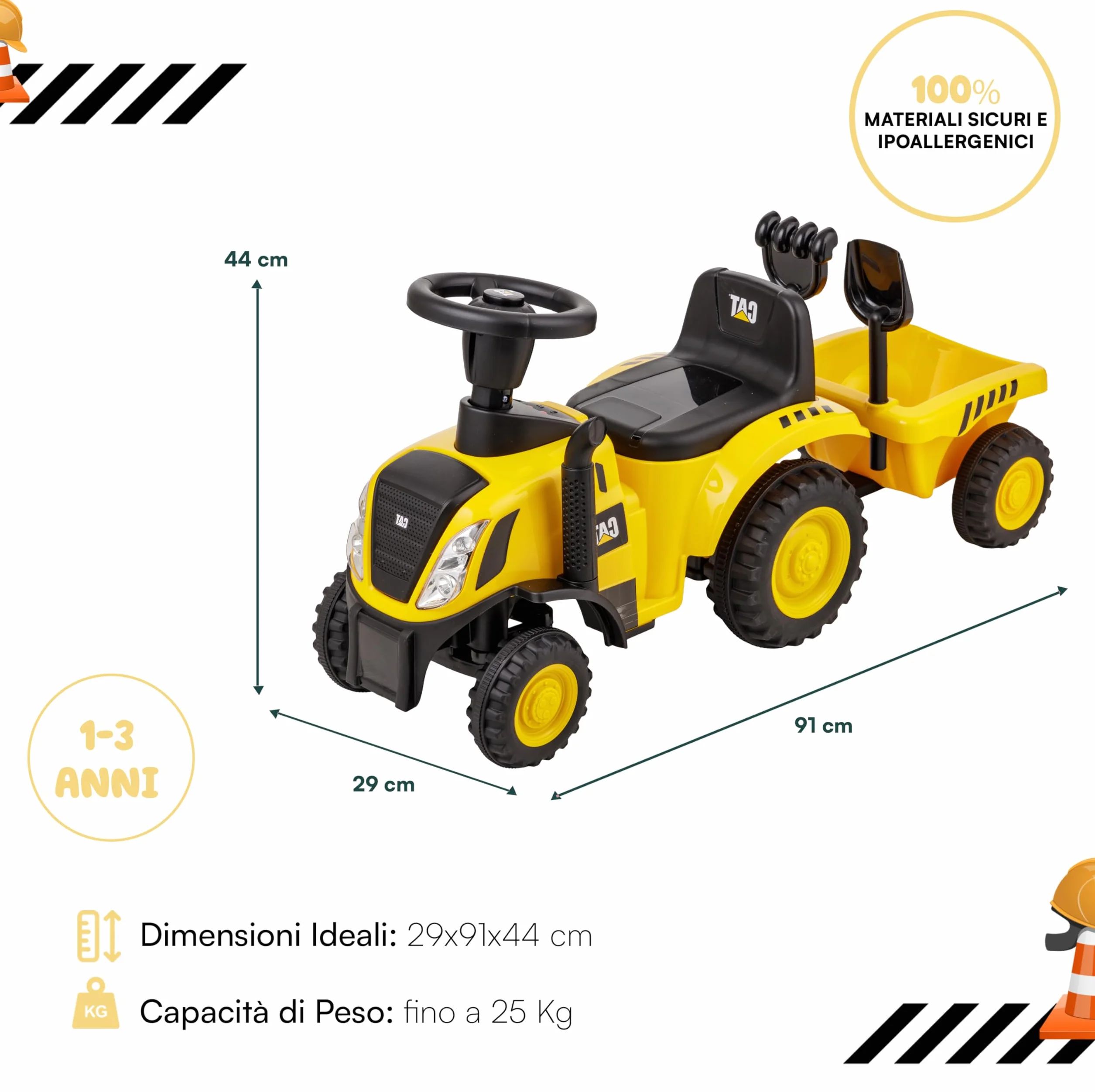Baroni Toys Trattore Cavalcabile con Rimorchio per Bambini da 1-3 Anni con Licenza CATERPILLAR, Suoni Realistici, Fari Funzionanti e e Vano Portaoggetti, per Interno ed Esterno, 29x91x44 cm