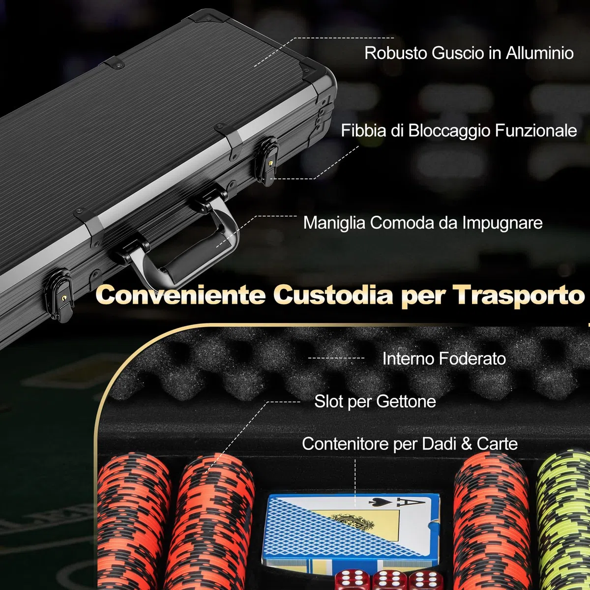 COSTWAY Poker Chips, Set di Fiches da Poker con 500/300 Chips e Custodia in Alluminio, Mazzo di Carte 5 Dadi, Set di Fiches per Party Viaggi e Feste (500 chips)