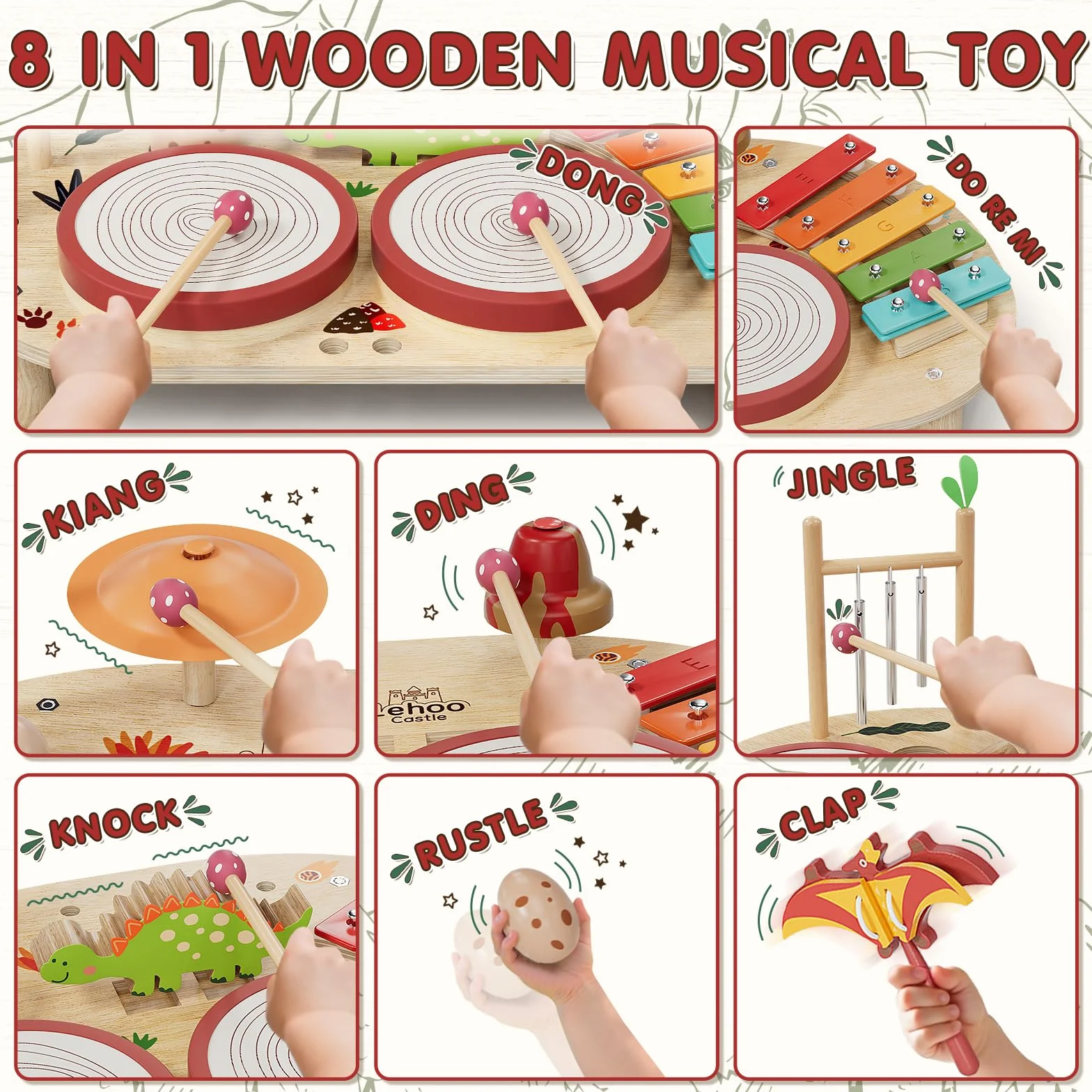 Lehoo Castle 9 in 1 Giochi Legno Montessori Strumenti Musicali, 9 in 1 Bambini Tamburi Set con Xilofono Batteria, Gioco 2 3 4 Anni, Educativi Interattivo Regalo