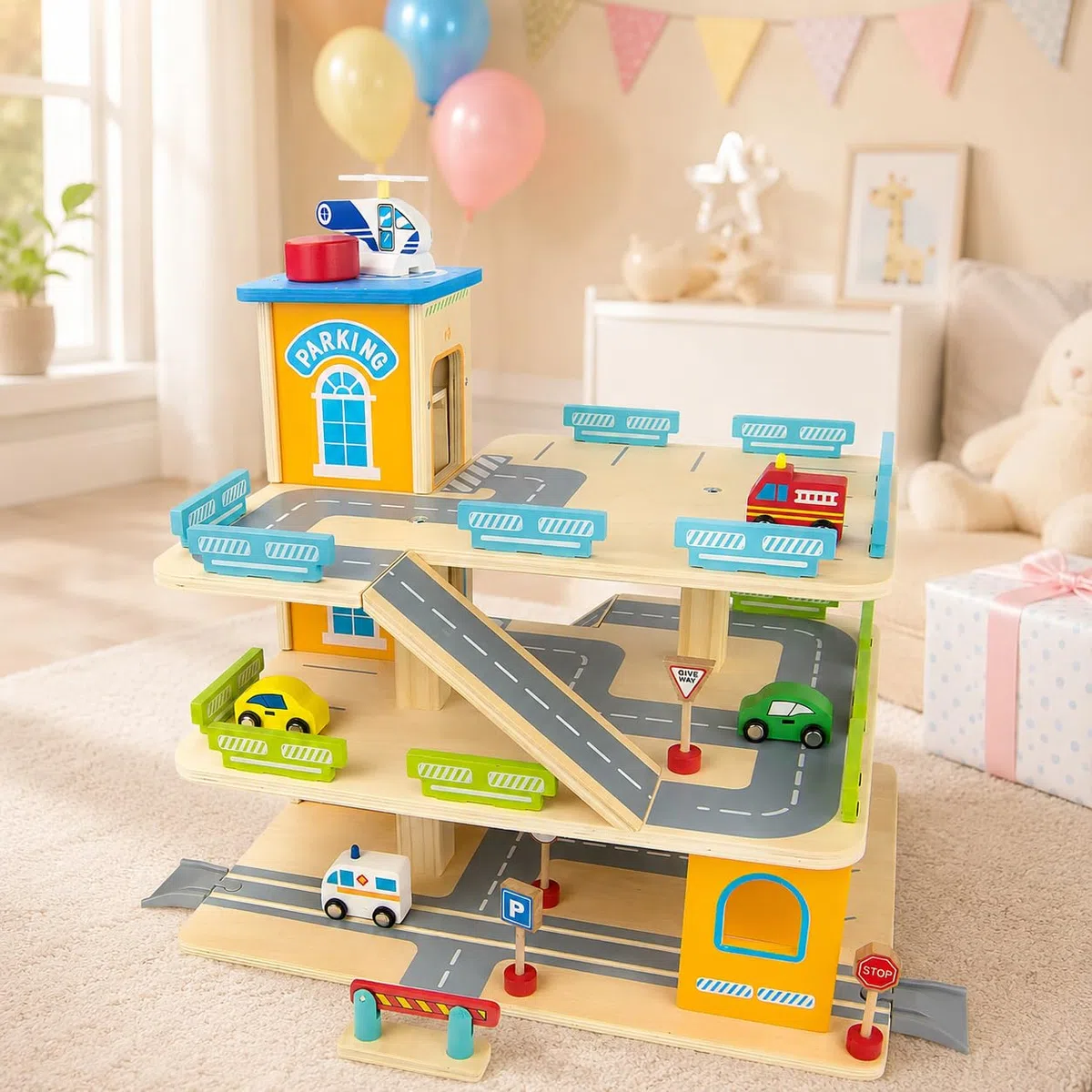 Garage in Legno per Bambini con Ascensore Manuale, Parcheggio Giocattolo a 3 Piani con Pista Auto, Rampe, Eliporto e Macchinine, Set Giochi Creativi per Cameretta, Idea Regalo.