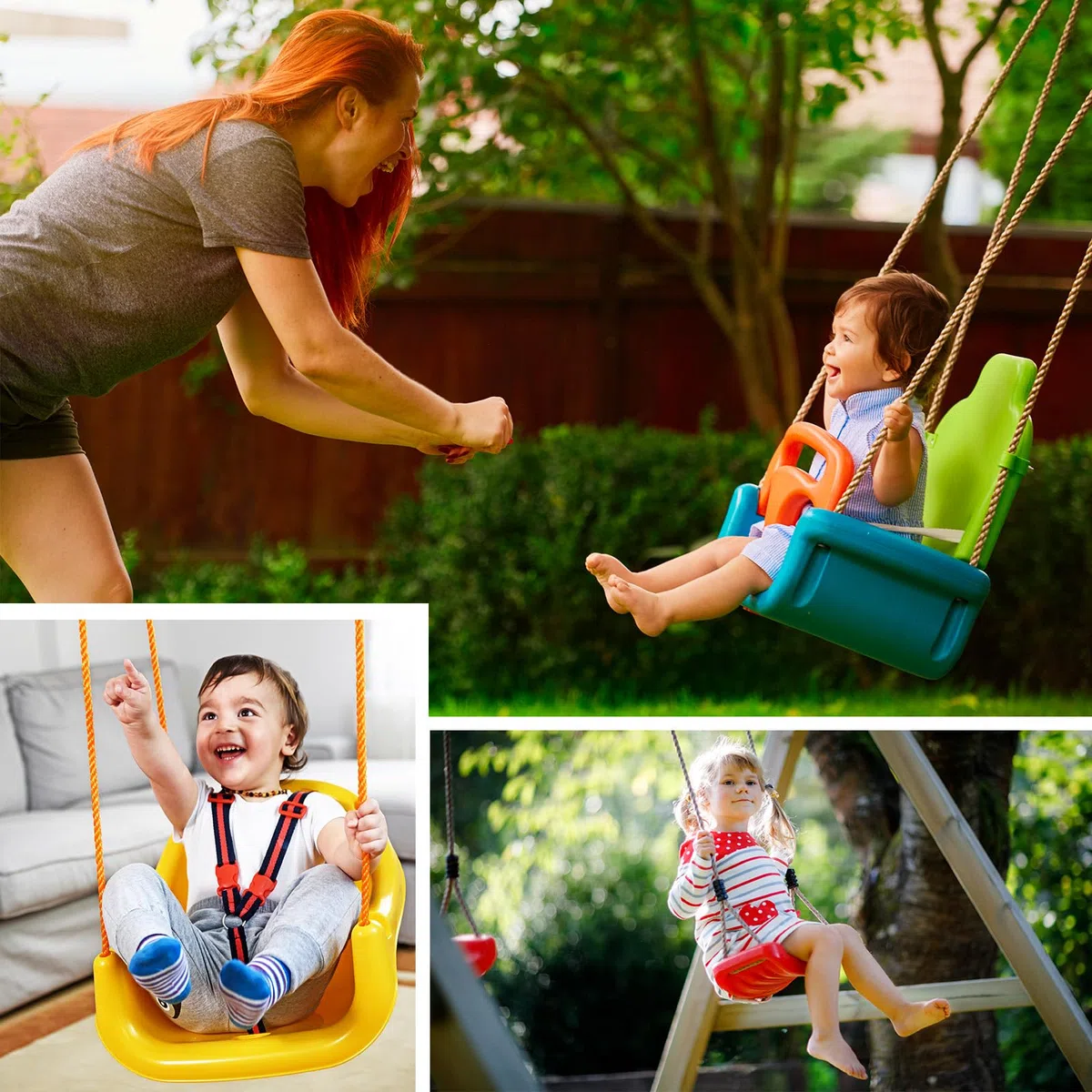 Montafox Altalena per bambini regolabile 3 in 1 seggiolino crescente con schienale e cintura di sicurezza, colorato