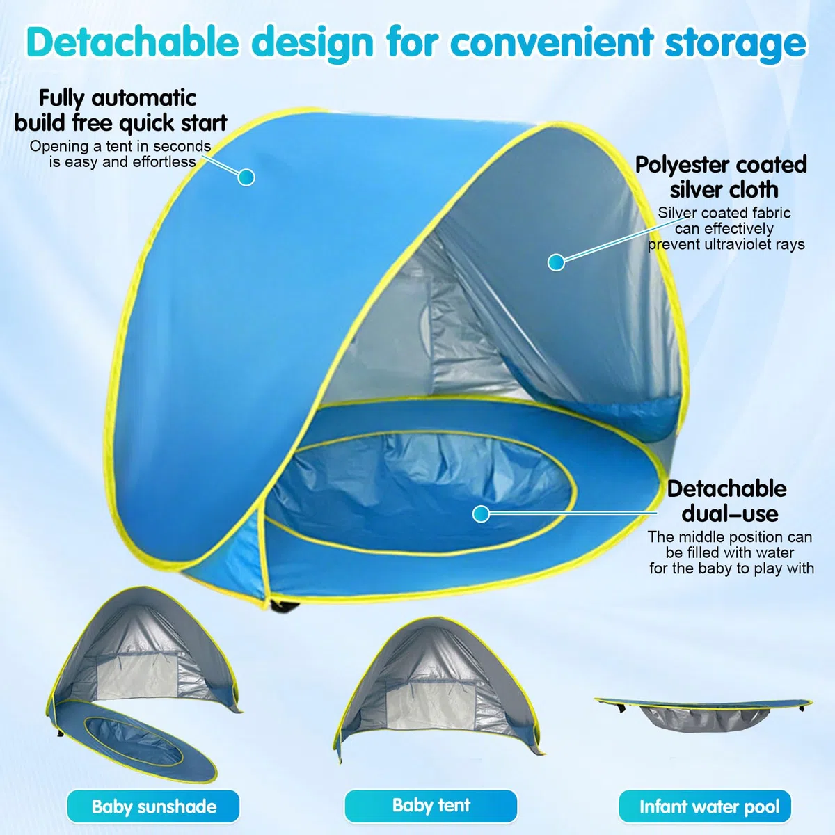 Tenda da Spiaggia Baby Pop Up Anti UV UPF 50+ con Mini Piscina Separabile Portatile per Bambini Blu