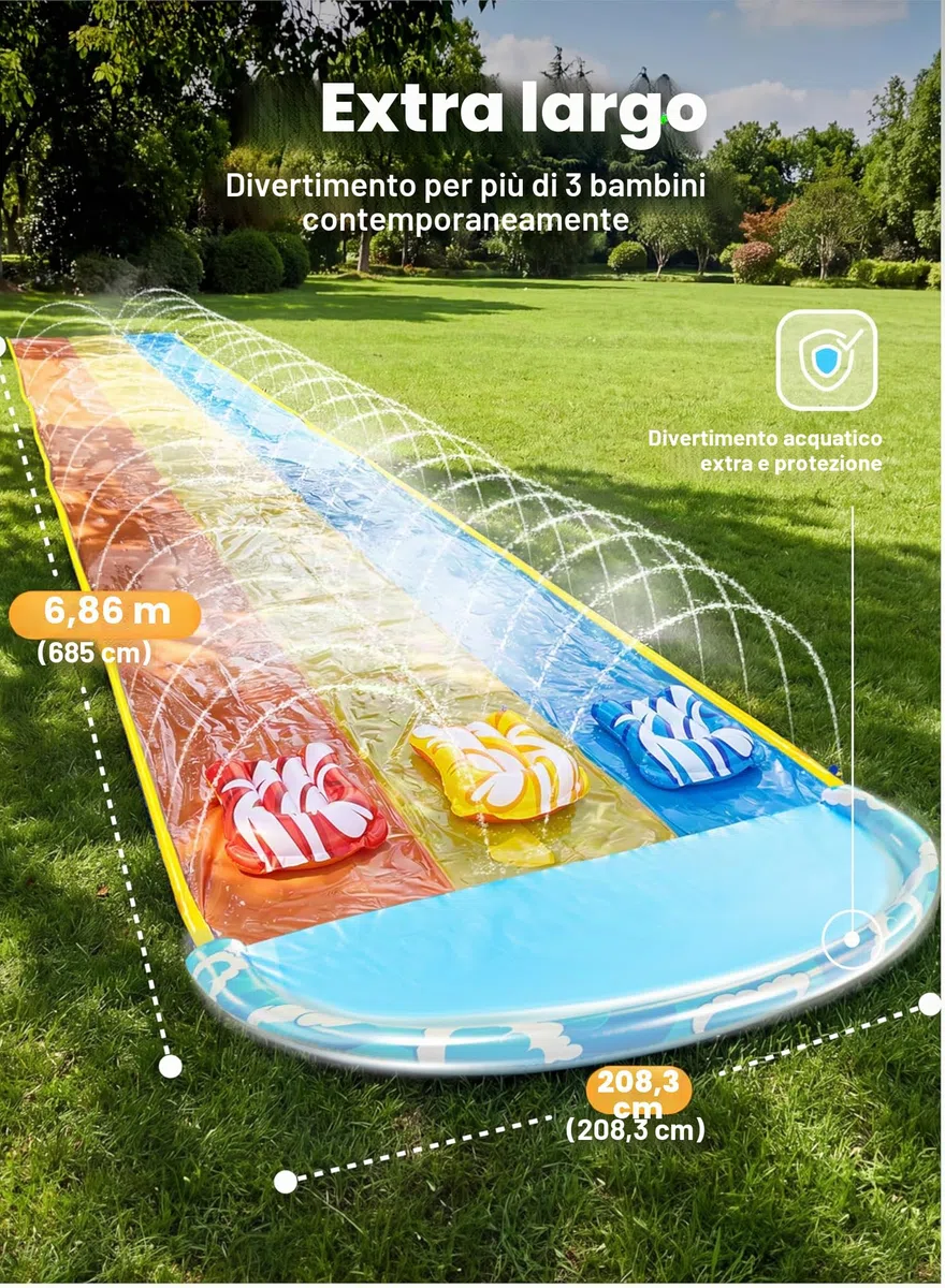 Sloosh Scivolo d'Acqua Triplo con Onde 22,5ft x 84in, Scivolo da Giardino con 3 Bodyboard e Irrigatore, Gioco d'Acqua Estivo per Bambini e Adulti