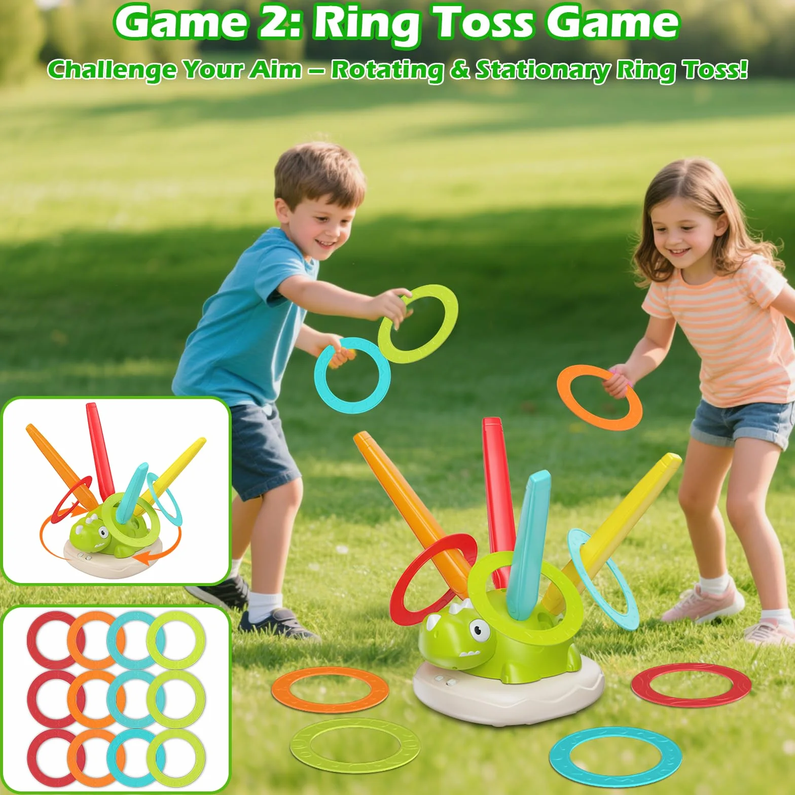 3 in 1 Giochi da Esterno per Bambini 3 4 5 6 7 8 9 Anni – Salta con Musica, Razzo Spaziale Giocattolo e Gioco Lancio Anelli – Giochi da Interno ed Esterno per Coordinazione e Abilità Motoria