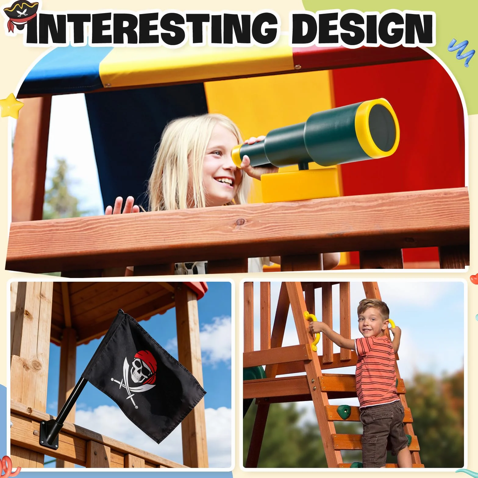 Set di Accessori per Torre di Gioco, Maniglie di Sicurezza per Parco Giochi con Volante,Telescopio e Telefono Giocattolo, Maniglie per Torre Giochi per Altalene, Parco Giochi, Alberi