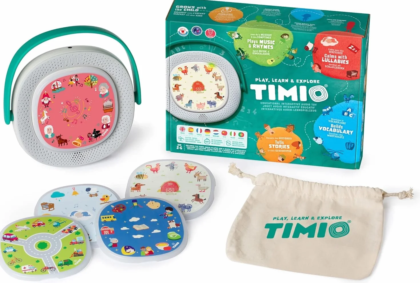 Lettore TIMIO + 5 dischi | Ascolta fiabe, storie, musica e filastrocche | Impara numeri, lettere e animali | 8 lingue incluse | Per bambini dai 2 ai 6 anni