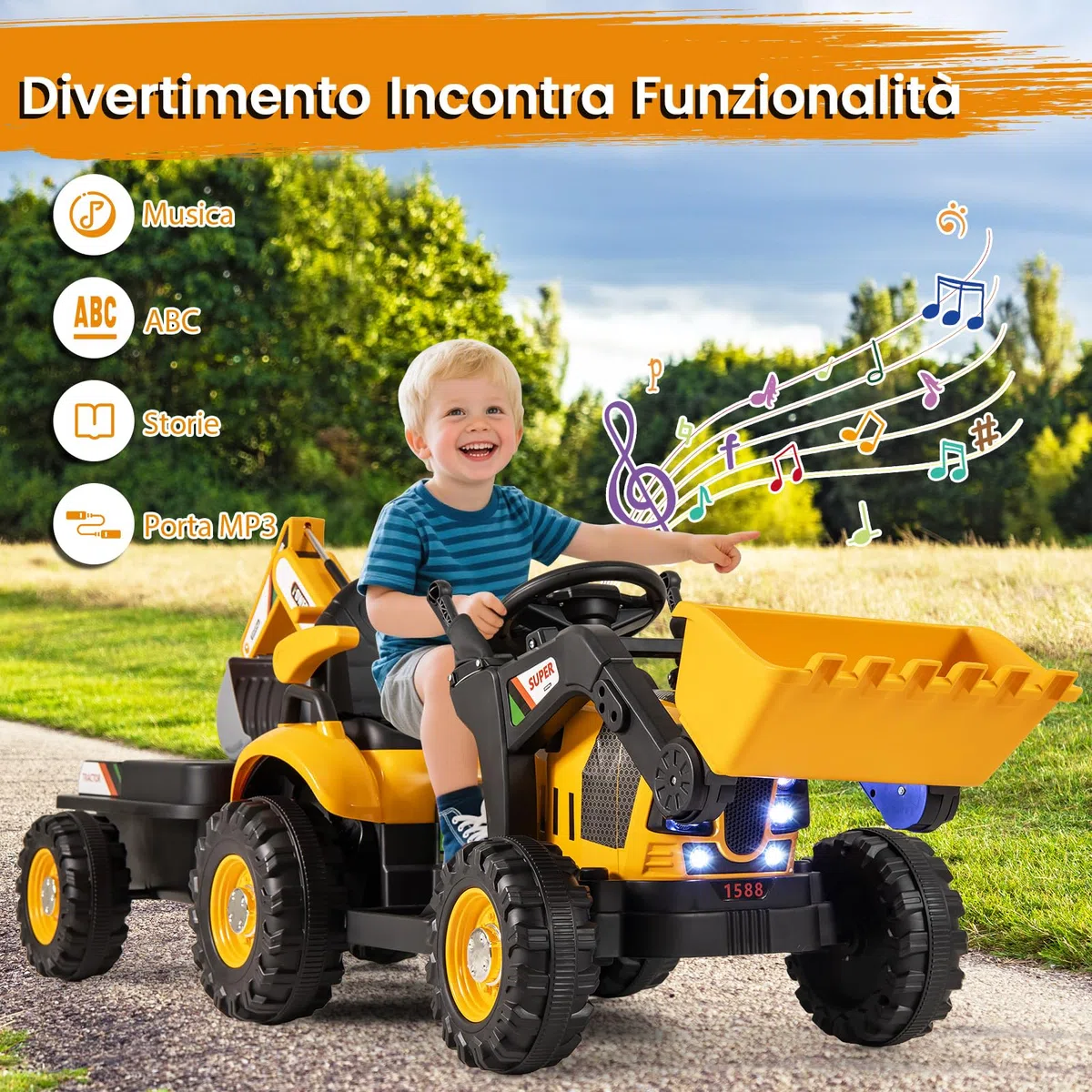 COSTWAY 4 in 1 Trattore Elettrico per Bambini 3-8 Anni con Telecomando, Rimorchio e Cucchiaia Staccabile, Doppi Motori Giallo