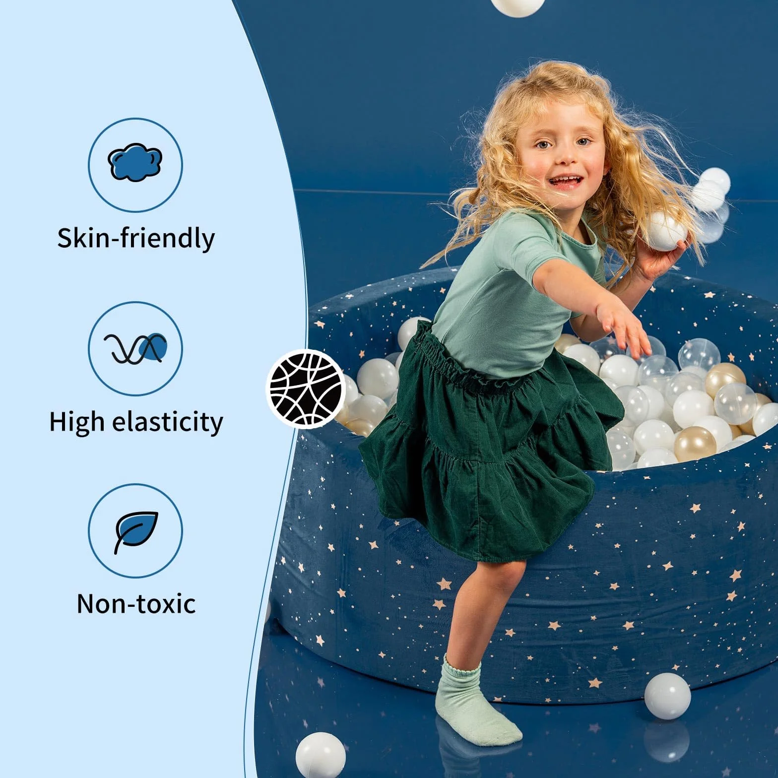 Piscina di Palline 90x30cm per Bambino Bambini - Schiuma di Alta qualità - Velluto Super Morbido Senza Palline - Rimovibile e Lavabile - Cielo Notturno