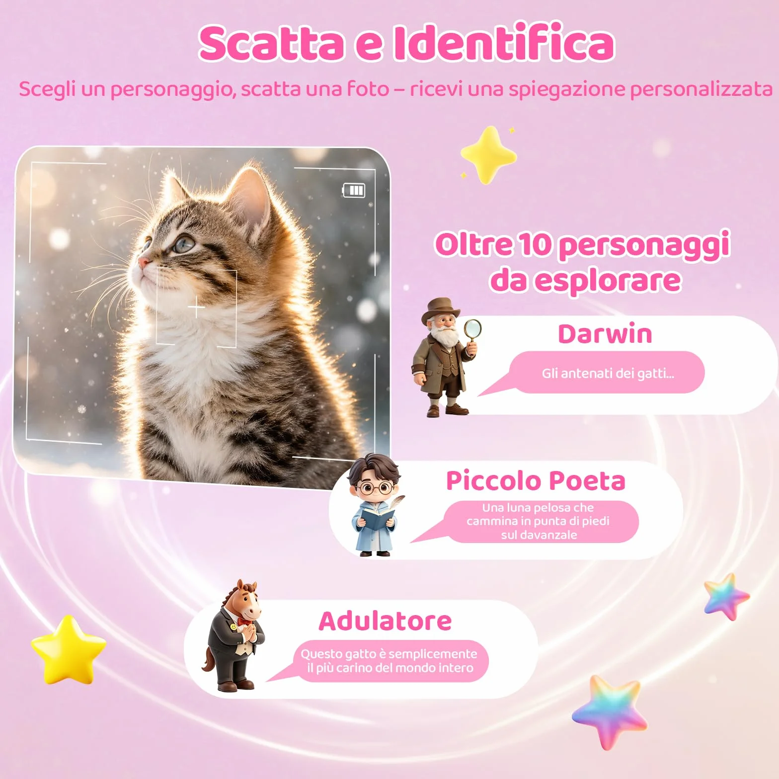 CHAKEYAKE Macchina Fotografica Bambini Istantanea, AI Riconoscimento Vocale E Immagini, Schermo da 2,4 Pollici, Funzione Foto & Video, Adesivi Creativi E Filtri, Regalo Per Ragazzi Ragazze, Rosa