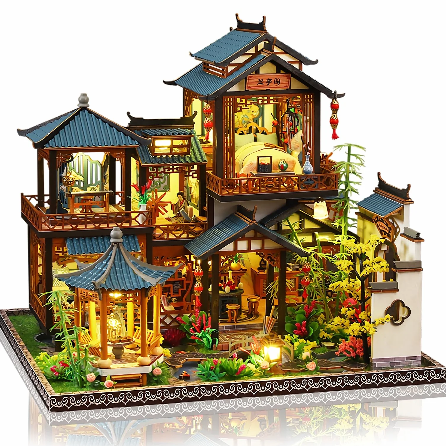 Cuteefun Casa delle Bambole con luce LED, Artigianato in Legno Unico, Adatto per Adulti e Adolescenti, Costruite la Casa dei Vostri Sogni, Compleanno Regali di Natale (Cortile dei Fiori)