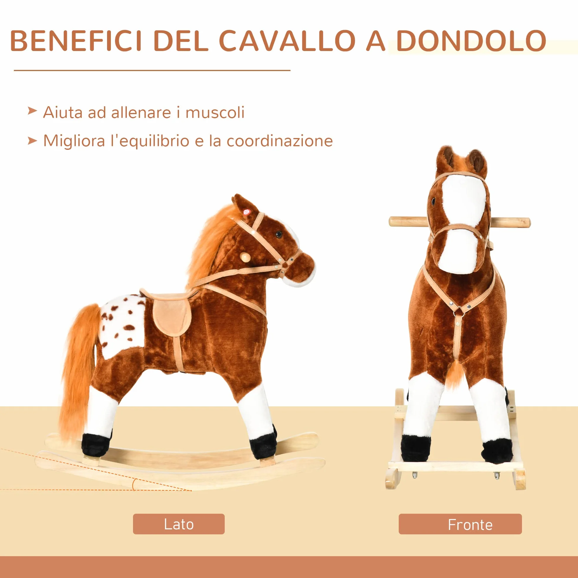HOMCOM Cavallo a Dondolo in Legno con Suono Animale Regalo Giocattolo per i Bambini, 74 x 28 x 65 cm, Marrone