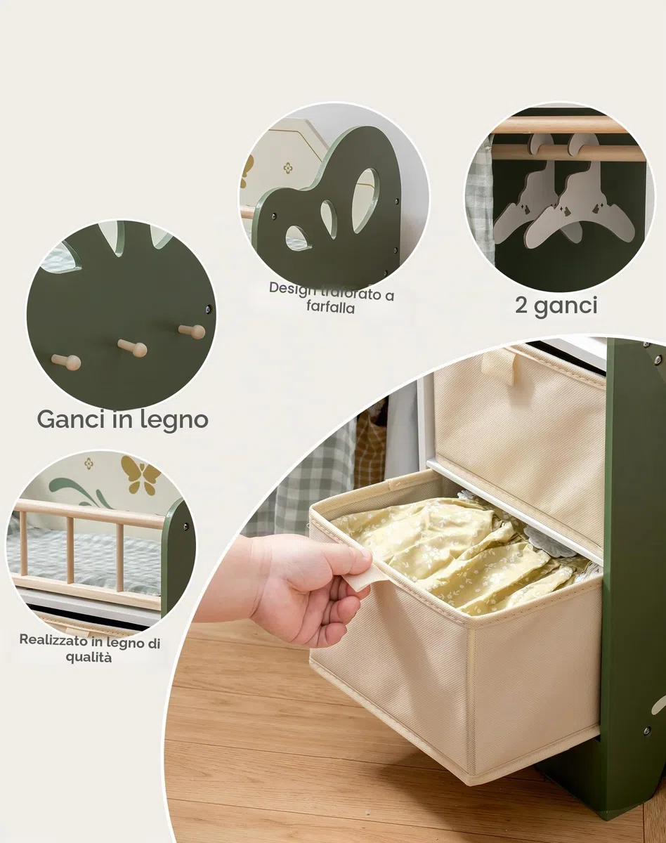 ROBOTIME Mobiletto per Culla in Legno da 22" con Ripostiglio - Verde e Beige per Accessori, Vestiti e Biancheria della Bambola - Mobili per Bambole, Regalo Perfetto dai 3 Anni