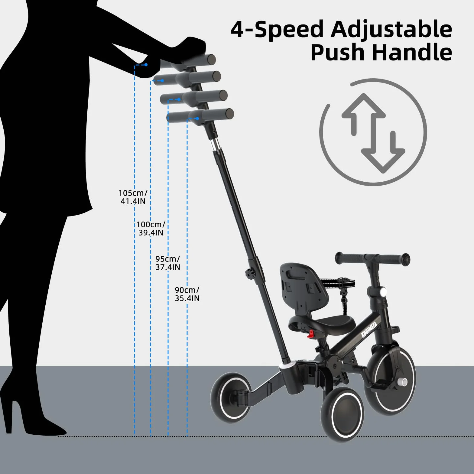 KORIMEFA Bicicletta per bambini, Triciclo a 3 ruote per bambini da 1-3 anni,maniglia di spinta, pedale rimovibile,schienale,maniglia di guida per i genitori,Natale per il primo compleanno (Nero)