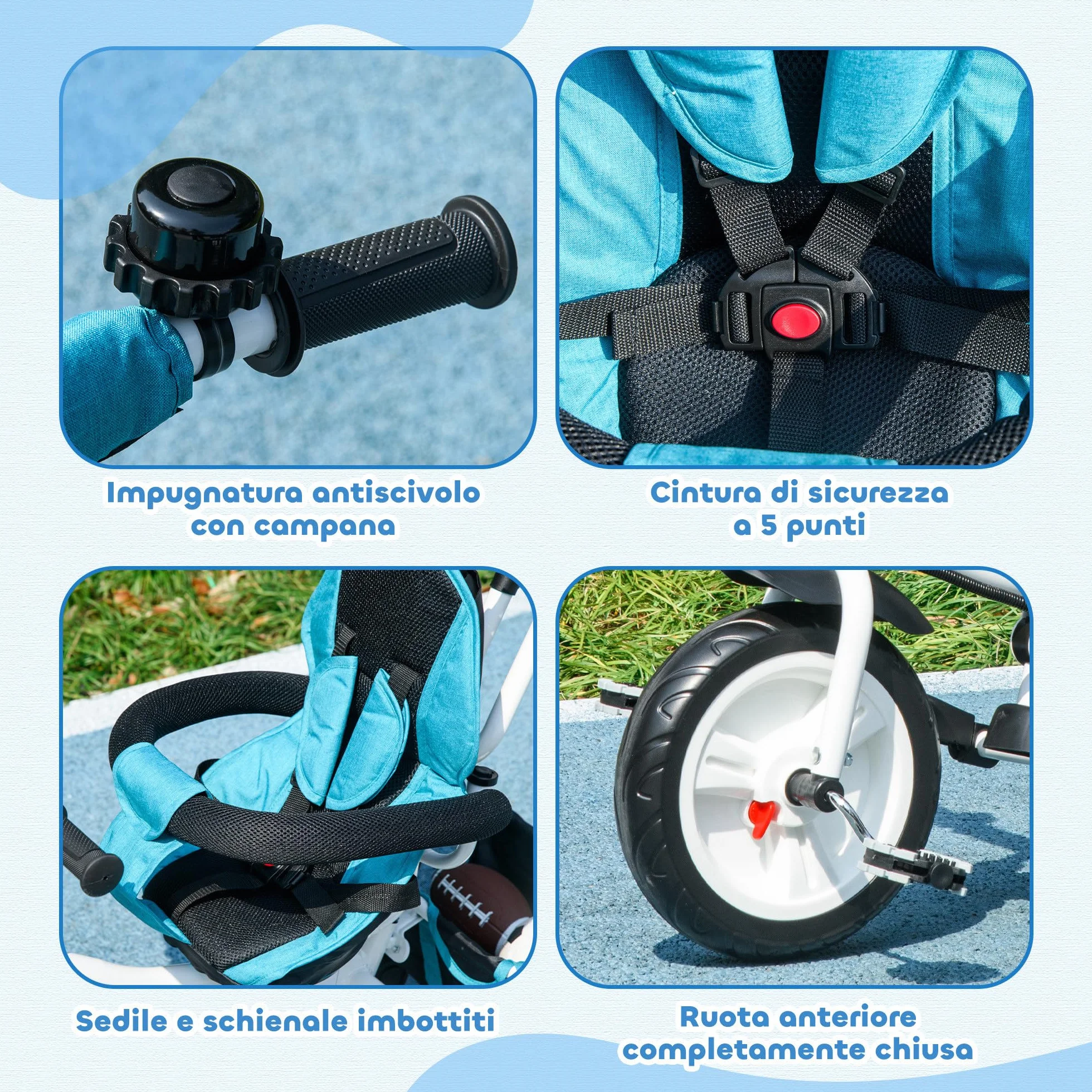 HOMCOM Triciclo per Bambini con Maniglione 6 in 1, Passeggino per Bambini con Tettuccio Regolabile, Cintura di Sicurezza e Cestino, Età 1-5 Anni, Blu