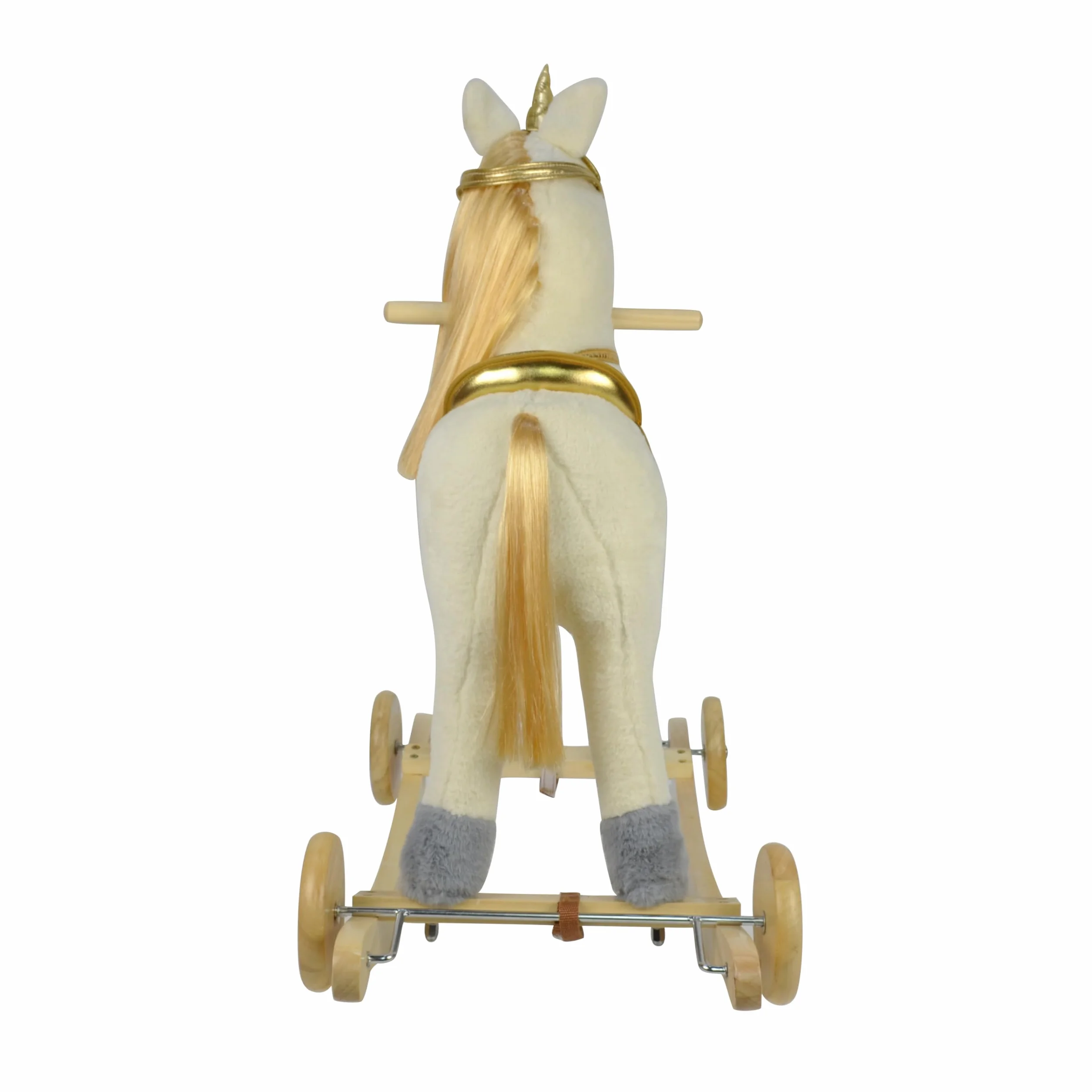 Cavallo a Dondolo per Bambini 36-72 Mesi Unicorno a Dondolo Cavalcabile in Legno e Peluche con Rotelle Suoni e Movimenti Realistici 74x30x62 cm (Bianco e Oro)
