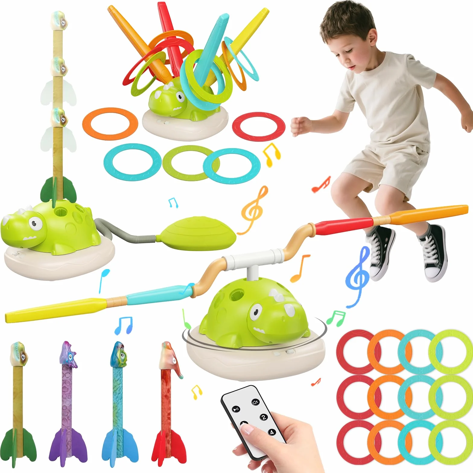 3 in 1 Giochi da Esterno per Bambini 3 4 5 6 7 8 9 Anni – Salta con Musica, Razzo Spaziale Giocattolo e Gioco Lancio Anelli – Giochi da Interno ed Esterno per Coordinazione e Abilità Motoria